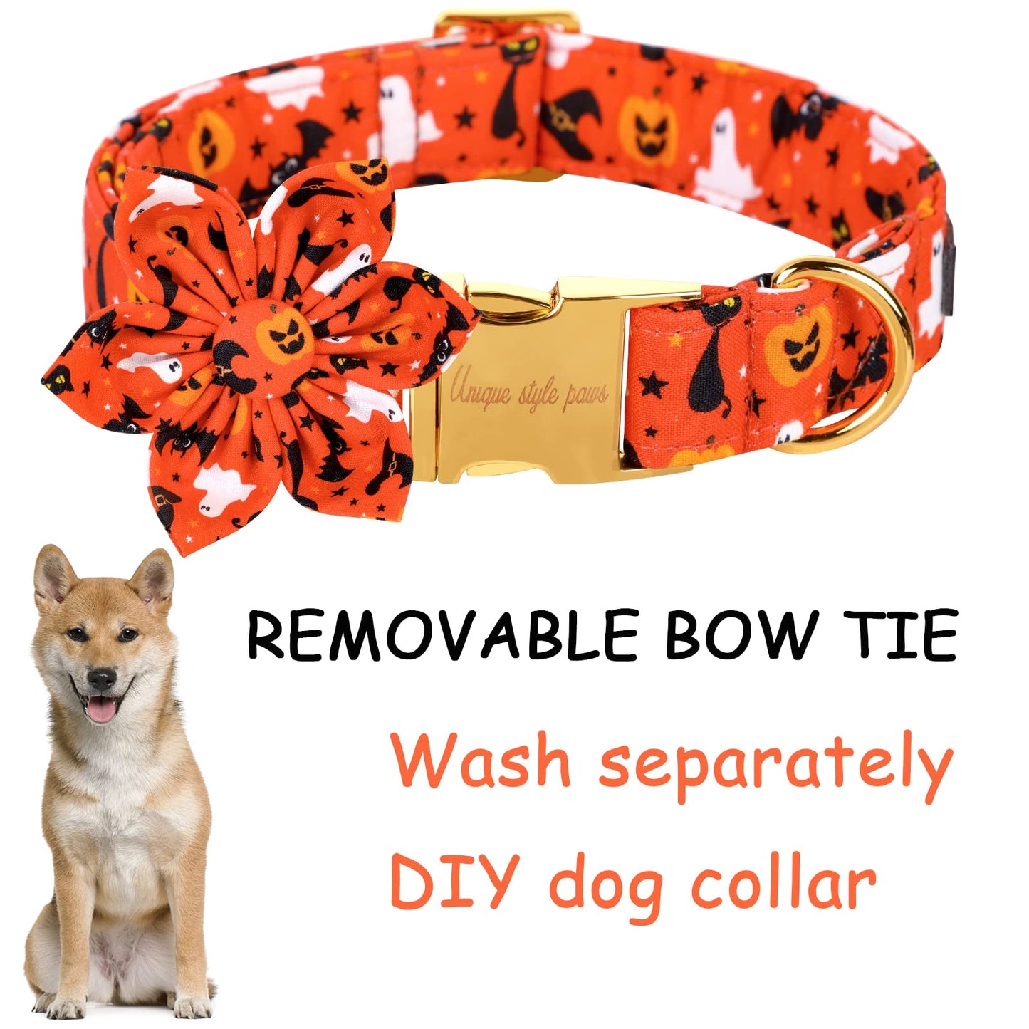 Unique style paws Halloween Dog Collar with Bow Tie Pumpkin Cotton Collar Adjustable Puppy Collar for Small Medium Large Dogs-S