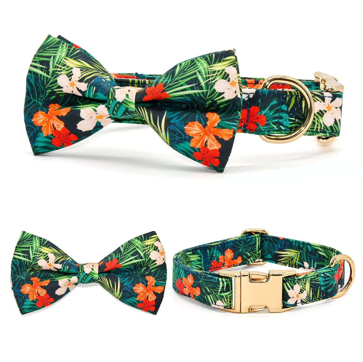 Summer Dog Collars with Bow Tie, Floral Tropical Leaf Bowtie Accessory for Dogs, Gold Metal Accessories Collars for Small Medium Large Dogs, S (10" -16")