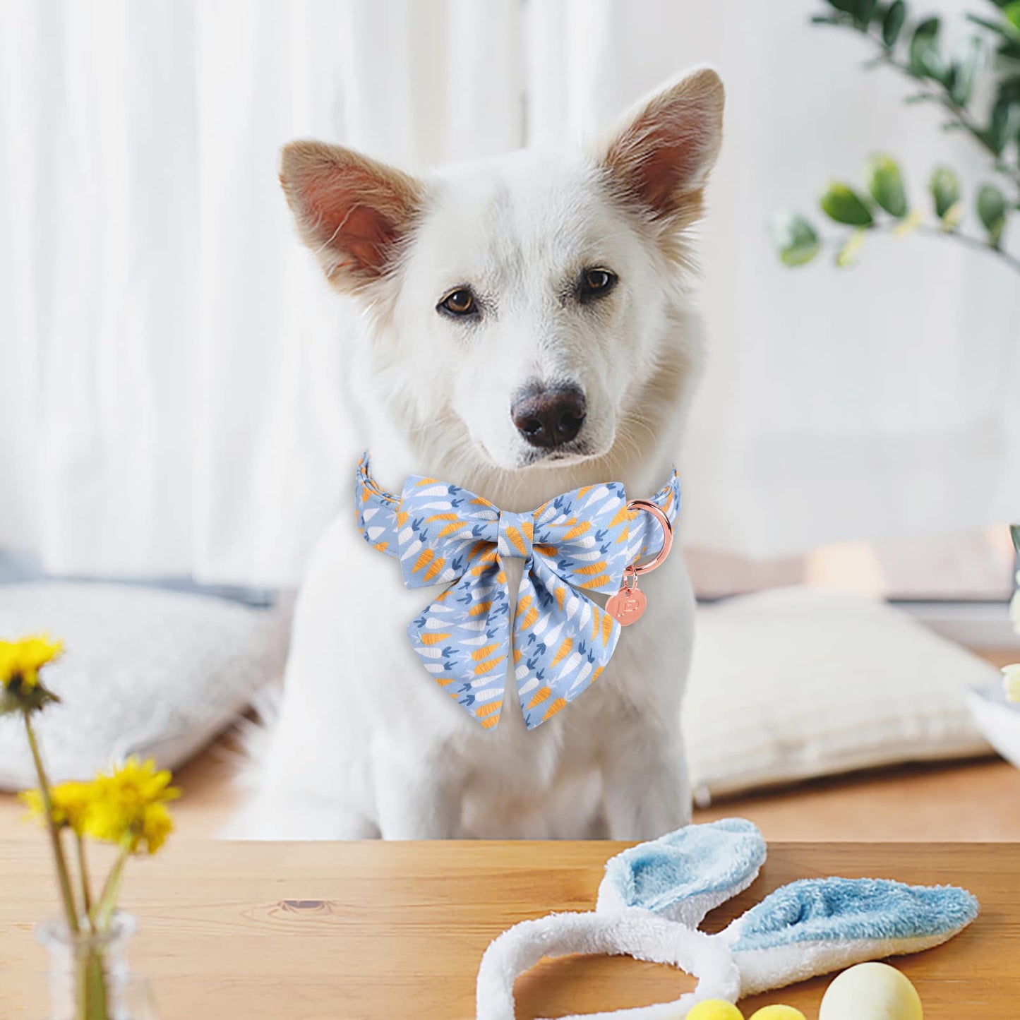 Easter Dog Collar with Bow Tie, Cotton Easter Bowtie Collar for Small Girl Boy Dog, Cute Carrot Pet Collar with Metal Buckle, Easter Day Gift Dog Collar, Blue, S, Neck 10-16in