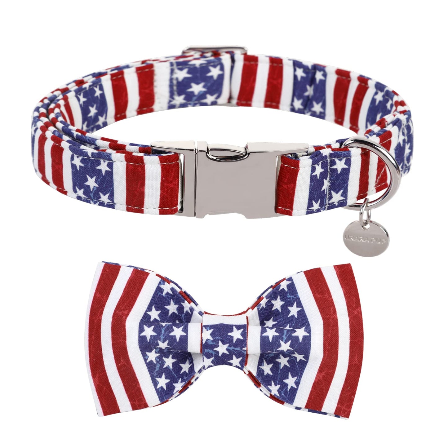 American Flag Dog Collar with Bow Tie, 4th of July Comfortable Cotton Cute Dog Collar with Metal Buckle, Patriotic Bowtie Collar for Puppy Girl Boy Dog, XL, Neck 16-26in