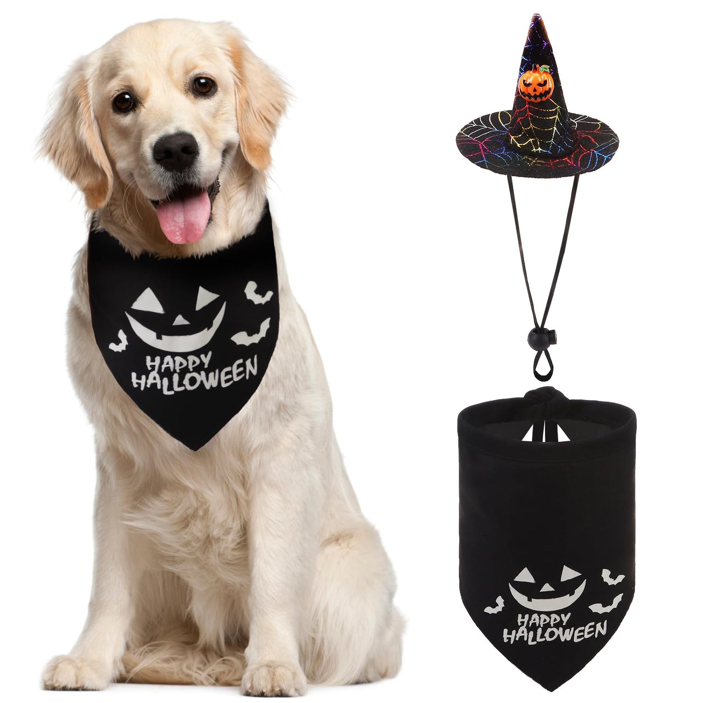 PUPTECK Dog Halloween Bandanas Scarf with Cute Doggy Wizard's Hat, Pumpkin Costumes Decorations for Small Medium Large Dogs Boy Girl Funny, Black