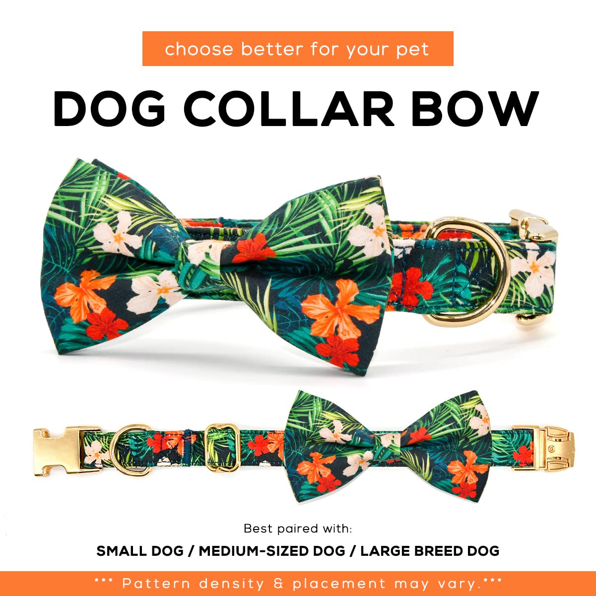 Summer Dog Collars with Bow Tie, Floral Tropical Leaf Bowtie Accessory for Dogs, Gold Metal Accessories Collars for Small Medium Large Dogs, S (10" -16")