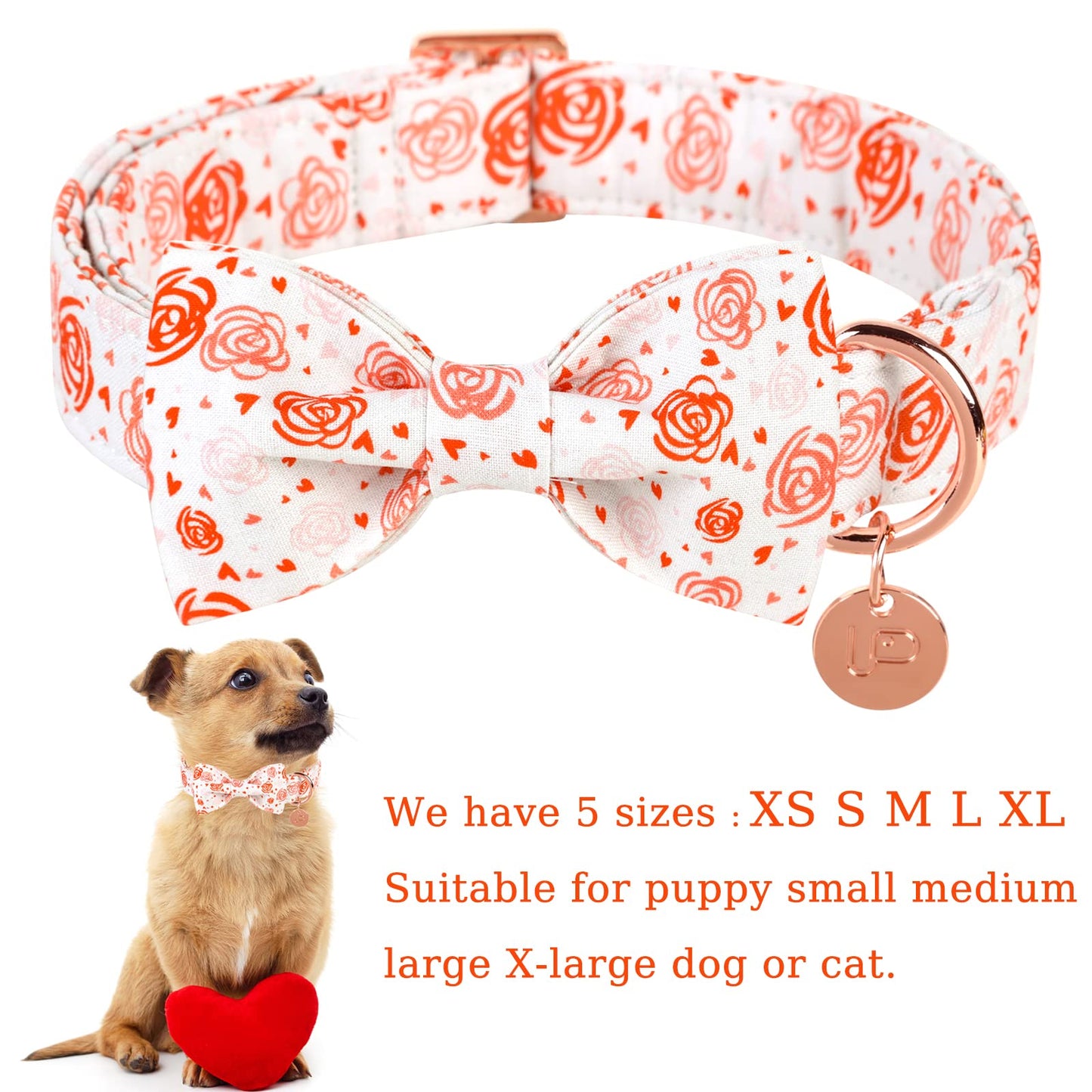 Valentine’s Day Dog Collar with Bow Tie, Valentine Bowtie Collar with Metal Buckle, Valentine’s Day Gift Pet Collar for Medium Girl Boy Dog, Wedding Dog Collar, Red, M, Neck 13.5-22in