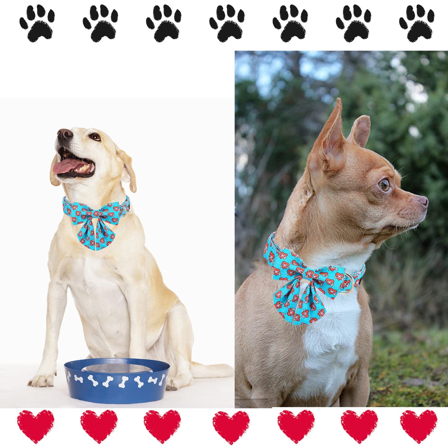 Unique style paws Valentine's Day Dog Collar with Bow Tie Black & Red Heart Puppy Collar Best Gothic Style Gift for Small Medium Large Boys Girls-M