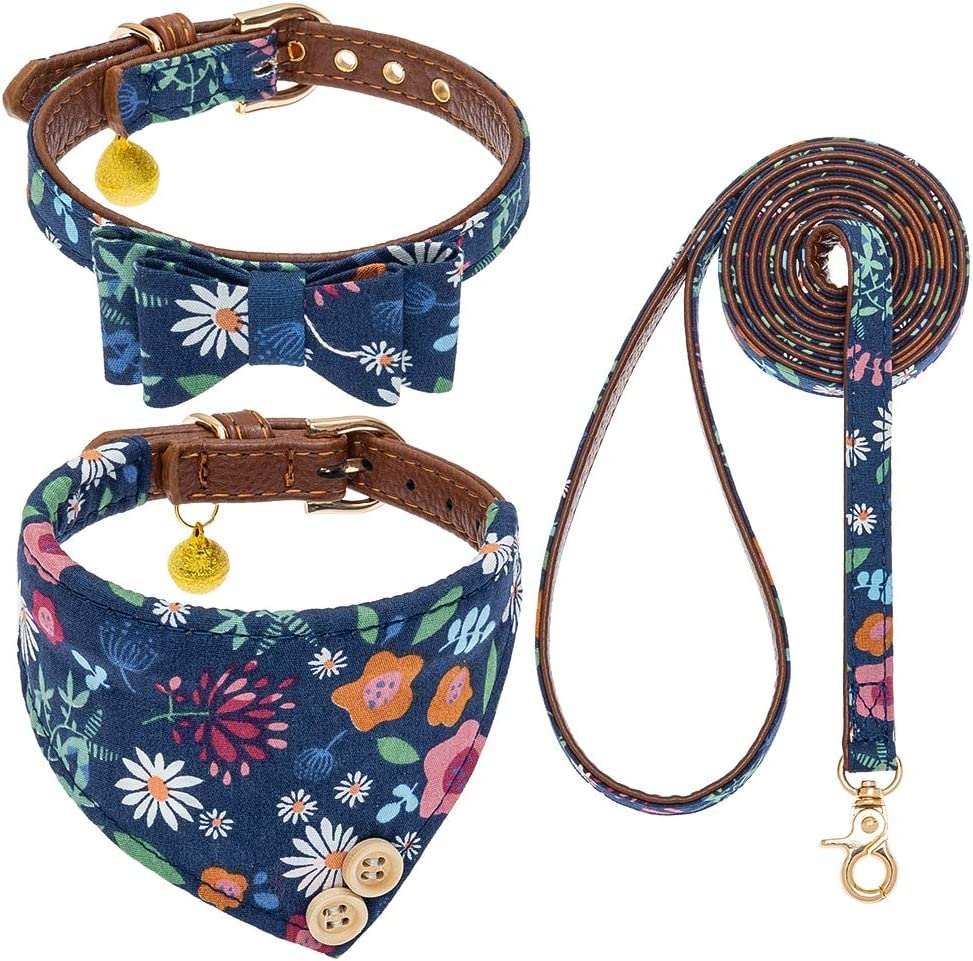 EXPAWLORER Dog Leash Set - Classic Plaid Dog Bow Tie and Dog Bandana Collar with Bell, Tangle Free, Adjustable Collars for Small Medium Large Dogs Cats, Holiday Ideal Gift