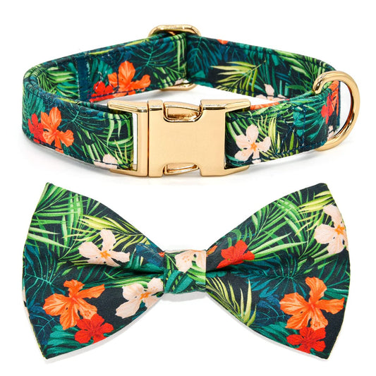 Summer Dog Collars with Bow Tie, Floral Tropical Leaf Bowtie Accessory for Dogs, Gold Metal Accessories Collars for Small Medium Large Dogs, S (10" -16")