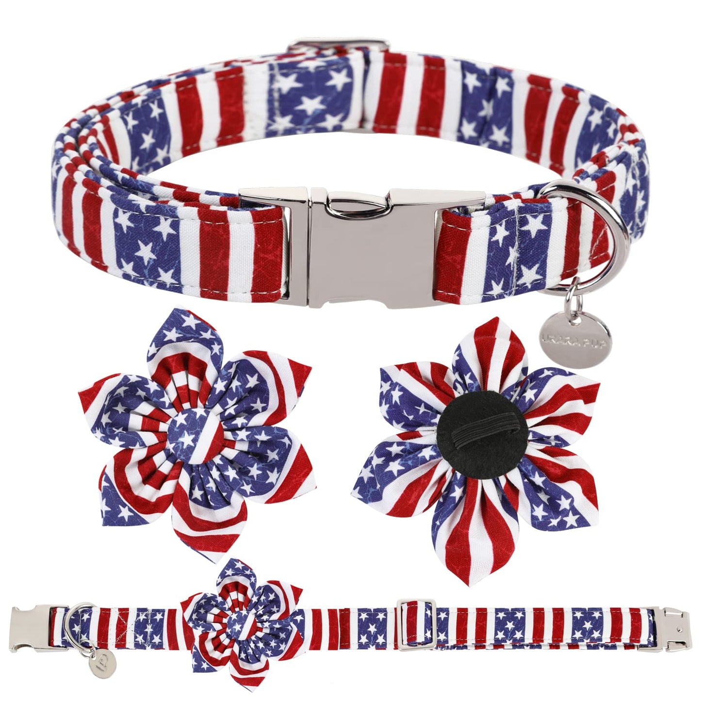 American Flag Dog Collar with Bow Tie, 4th of July Comfortable Cotton Cute Dog Collar with Metal Buckle, Patriotic Bowtie Collar for Puppy Girl Boy Dog, XL, Neck 16-26in