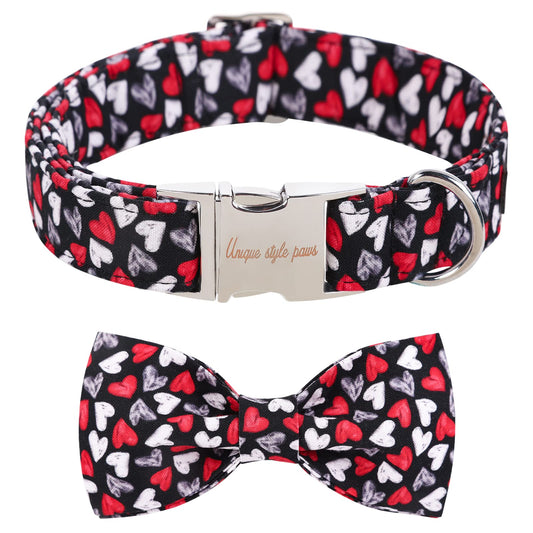 Unique style paws Valentine's Day Dog Collar with Bow Tie Black & Red Heart Puppy Collar Best Gothic Style Gift for Small Medium Large Boys Girls-M