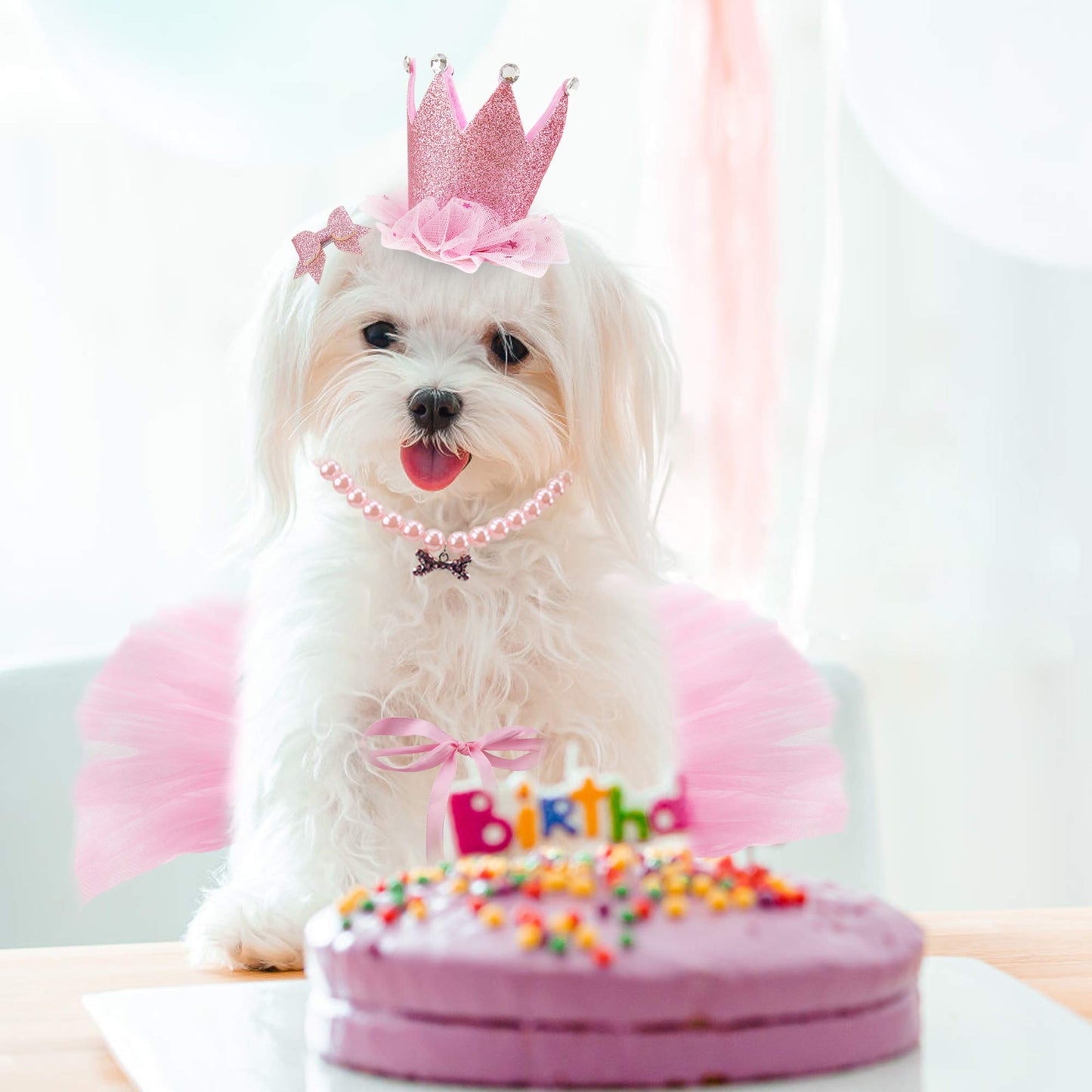 Dog Birthday Party Supplies Dog Birthday Outfit Pink Tutu for Dogs Dog Birthday Hat Necklace and Bowtie Hairpin for Dogs (16-23 inch Wrist)