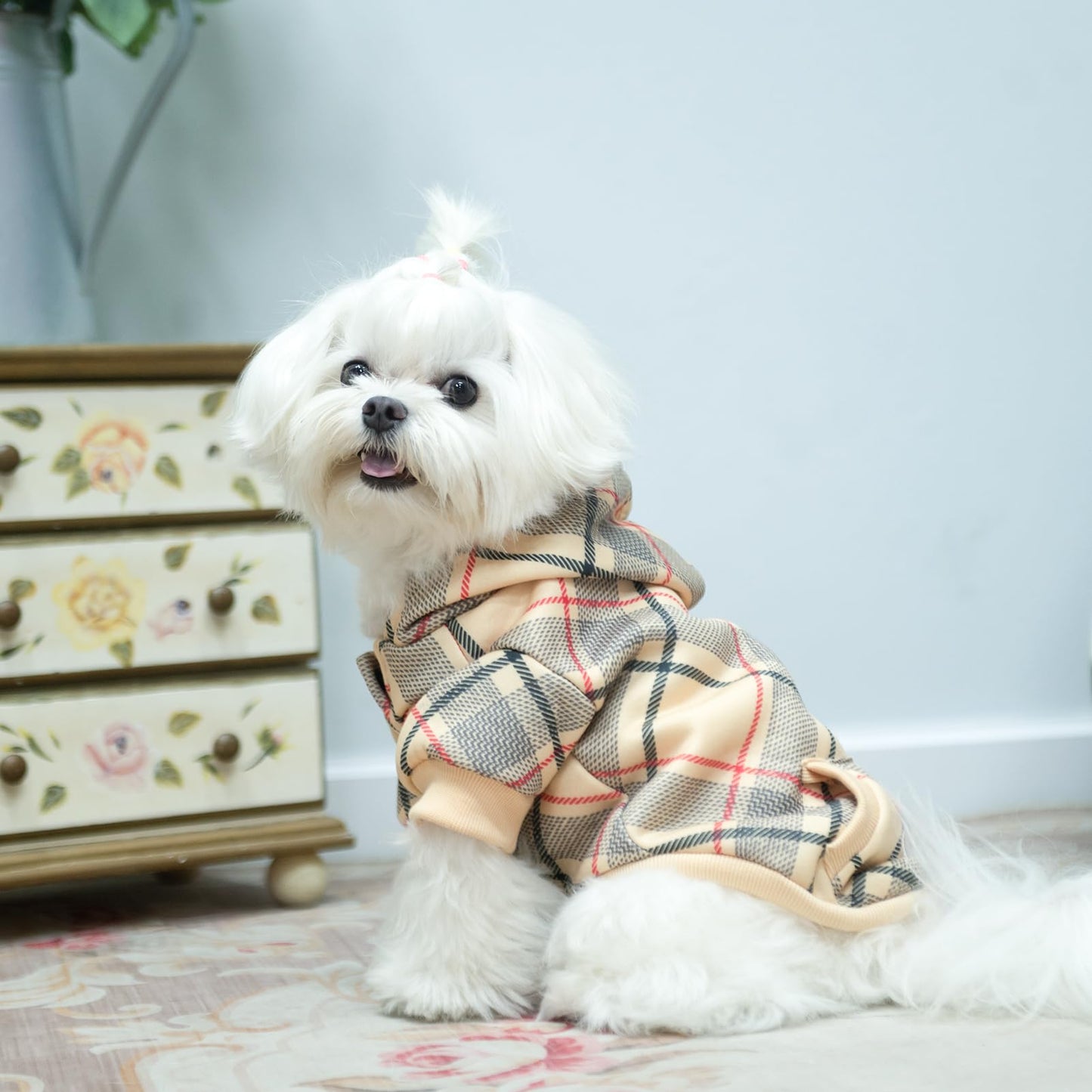 EXPAWLORER Plaid Dog Hoodie - British Style Soft and Warm Dog Sweater with Leash Hole, Hooded Cold Weather Clothes, Dog Sweatshirt, Outfits, Winter Coat for Small Medium Large Dogs