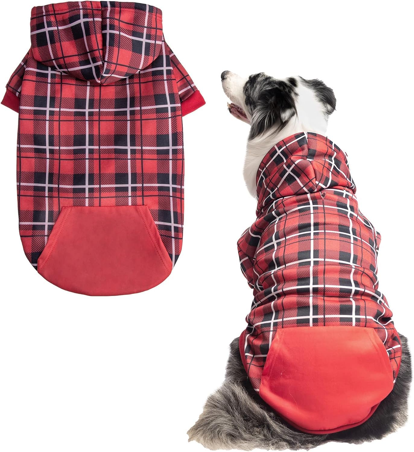 EXPAWLORER Plaid Dog Hoodie - British Style Soft and Warm Dog Sweater with Leash Hole, Hooded Cold Weather Clothes, Dog Sweatshirt, Outfits, Winter Coat for Small Medium Large Dogs