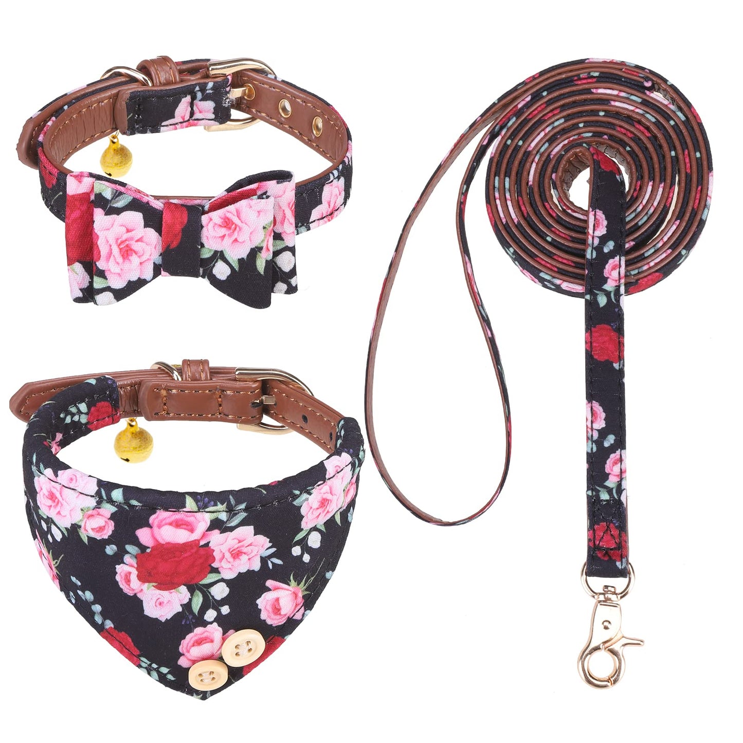 EXPAWLORER Dog Leash Set - Classic Plaid Dog Bow Tie and Dog Bandana Collar with Bell, Tangle Free, Adjustable Collars for Small Medium Large Dogs Cats, Holiday Ideal Gift