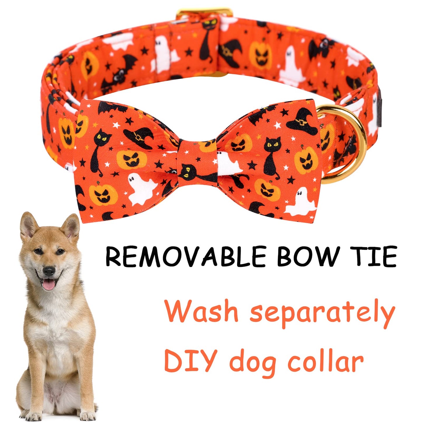 Unique style paws Halloween Dog Collar with Bow Tie Pumpkin Cotton Collar Adjustable Puppy Collar for Small Medium Large Dogs-S