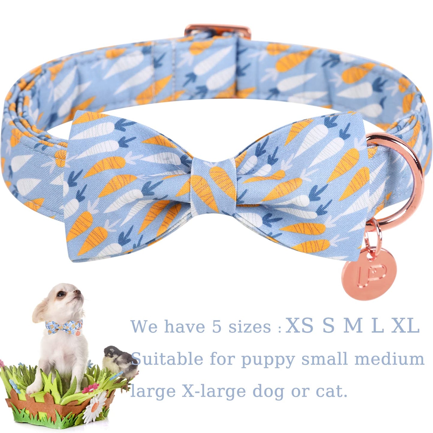 Easter Dog Collar with Bow Tie, Cotton Easter Bowtie Collar for Small Girl Boy Dog, Cute Carrot Pet Collar with Metal Buckle, Easter Day Gift Dog Collar, Blue, S, Neck 10-16in