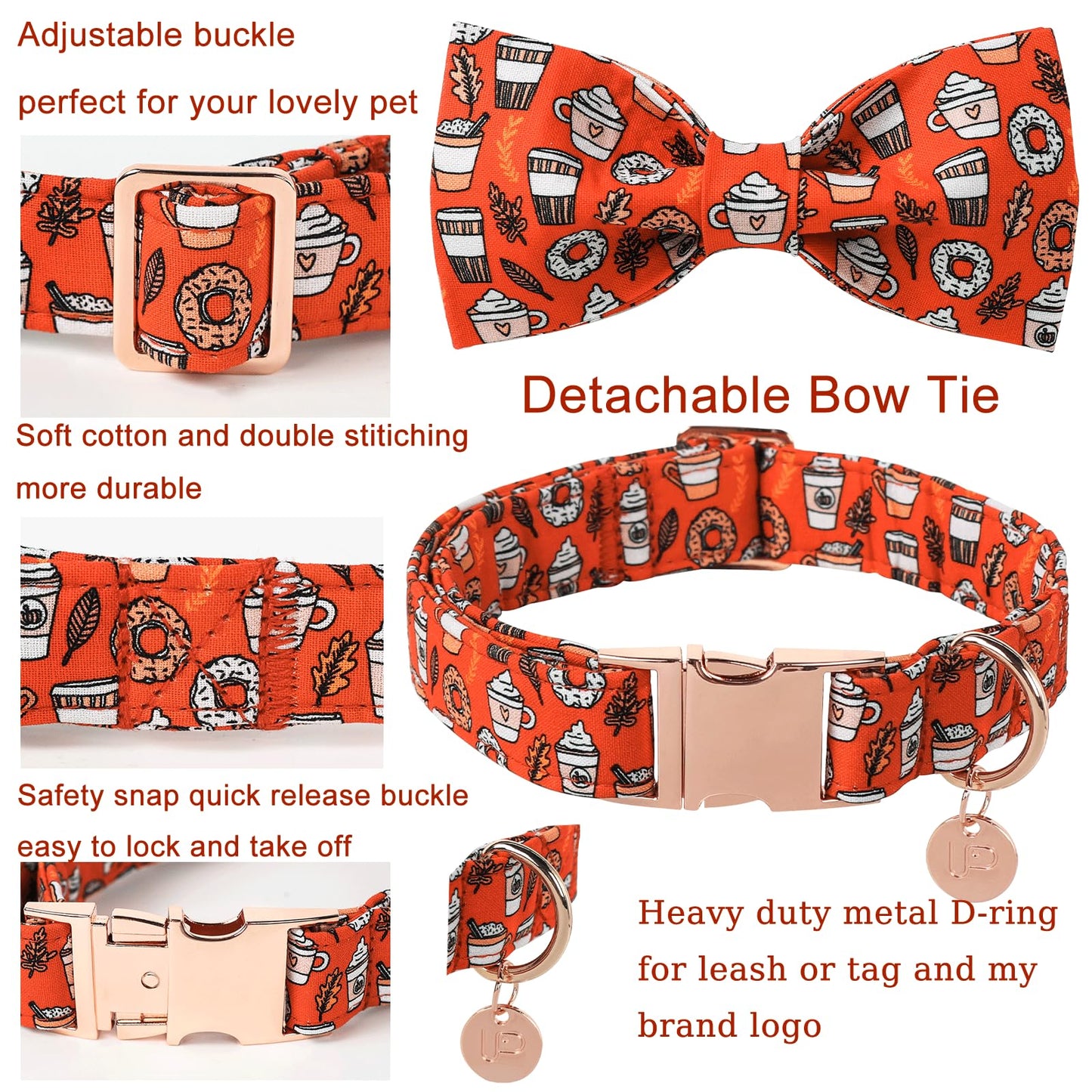 Dog Collar with Bow Tie, Comfortable Adjustable Cotton Bowtie Collar for Medium Girl Boy Dog, Fall Dog Collar with Metal Buckle, M, Neck 13.5-22in