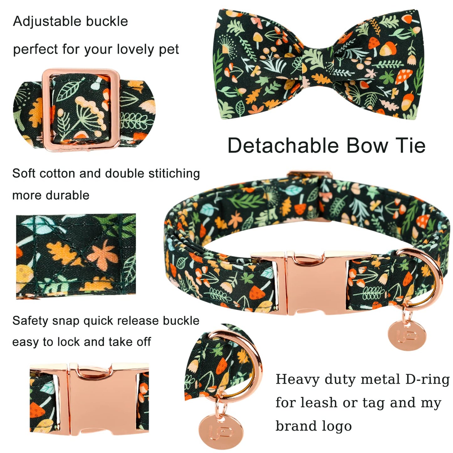 Dog Collar with Bow Tie, Comfortable Adjustable Cotton Bowtie Collar for Medium Girl Boy Dog, Fall Dog Collar with Metal Buckle, M, Neck 13.5-22in