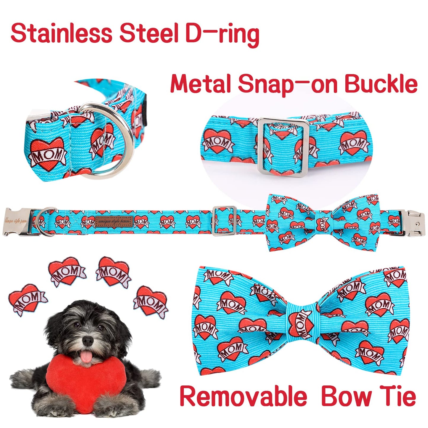 Unique style paws Valentine's Day Dog Collar with Bow Tie Black & Red Heart Puppy Collar Best Gothic Style Gift for Small Medium Large Boys Girls-M