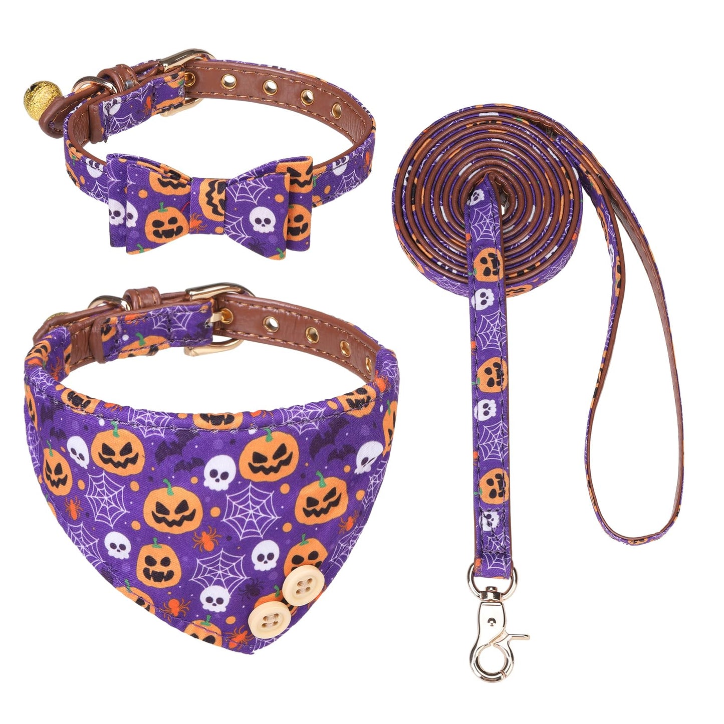 EXPAWLORER Dog Leash Set - Classic Plaid Dog Bow Tie and Dog Bandana Collar with Bell, Tangle Free, Adjustable Collars for Small Medium Large Dogs Cats, Holiday Ideal Gift