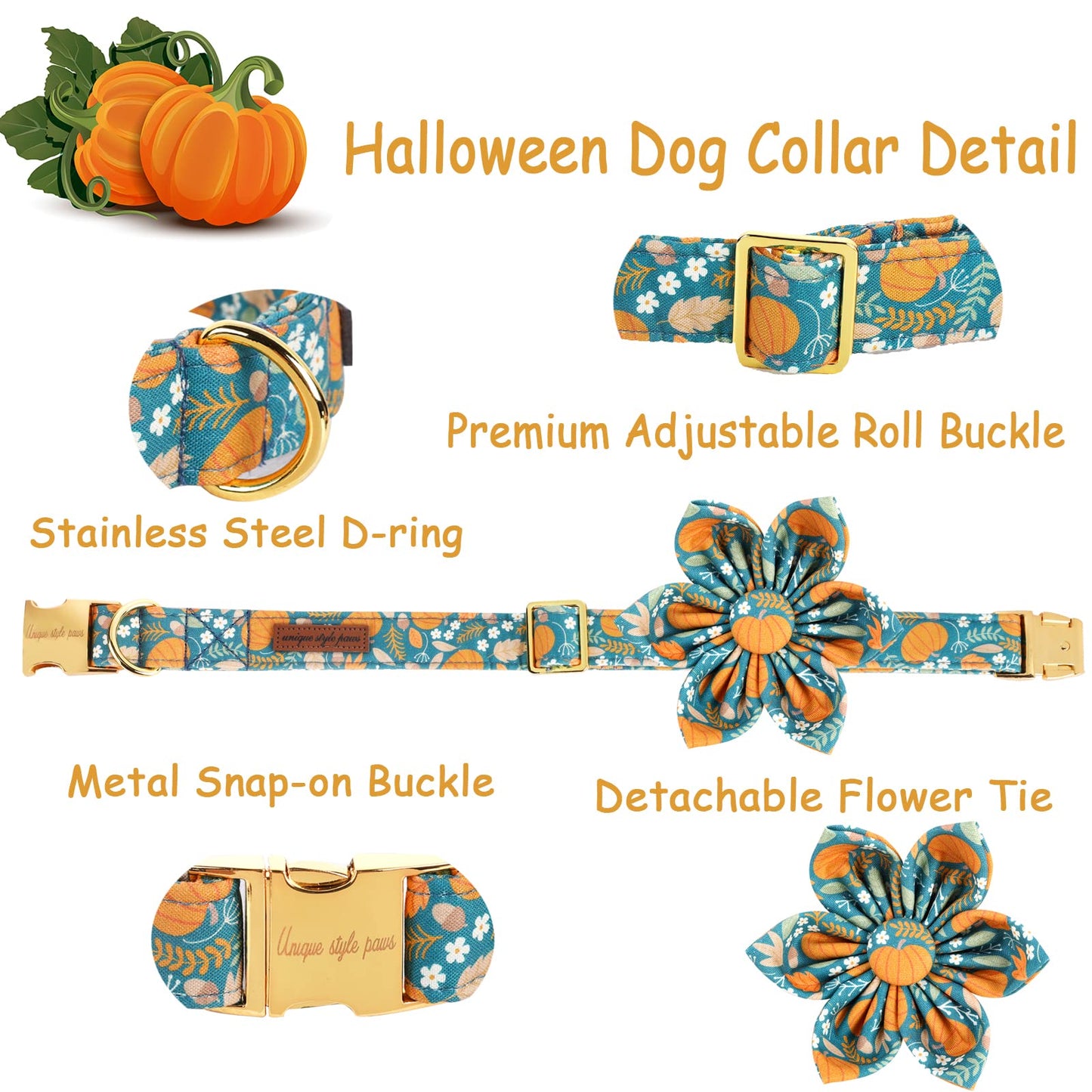 Unique style paws Halloween Dog Collar with Bow Tie Pumpkin Cotton Collar Adjustable Puppy Collar for Small Medium Large Dogs-S