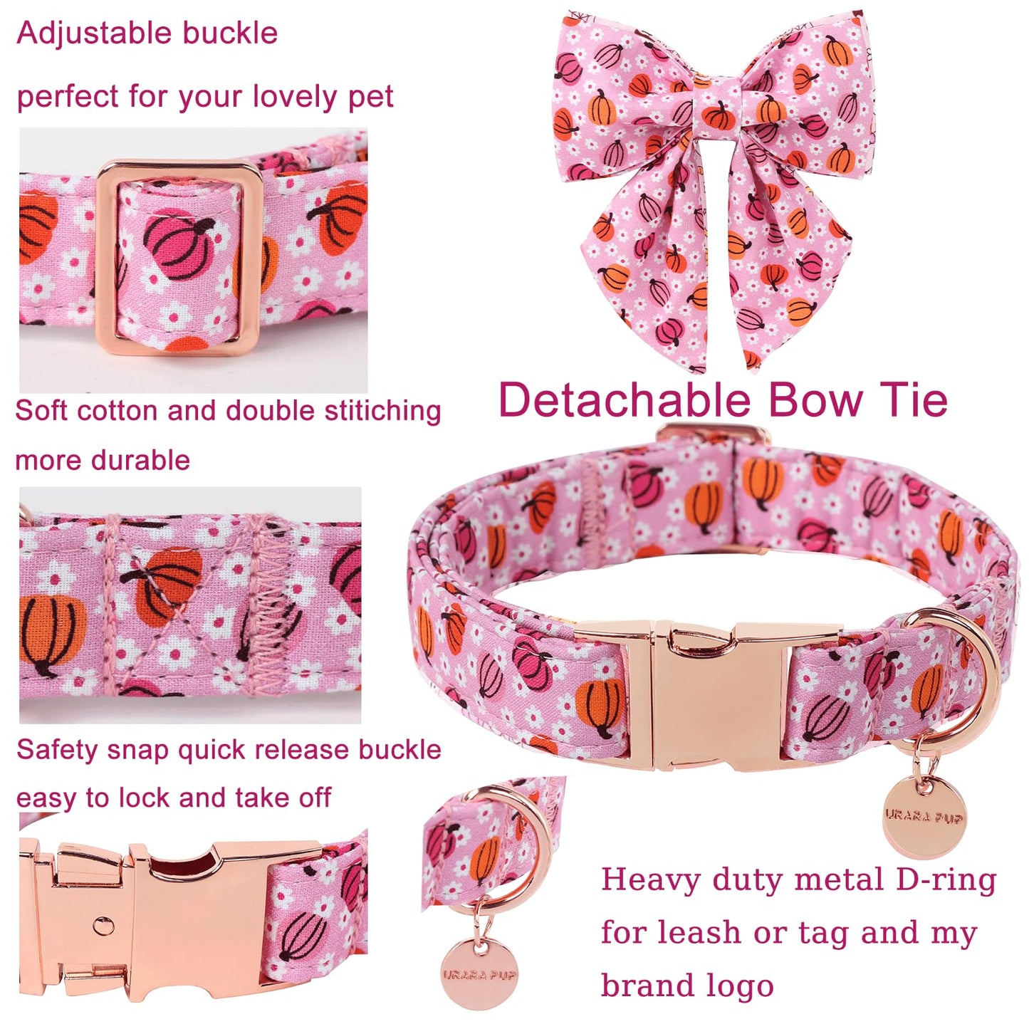 Dog Collar with Bow Tie, Comfortable Adjustable Cotton Bowtie Collar for Medium Girl Boy Dog, Fall Dog Collar with Metal Buckle, M, Neck 13.5-22in