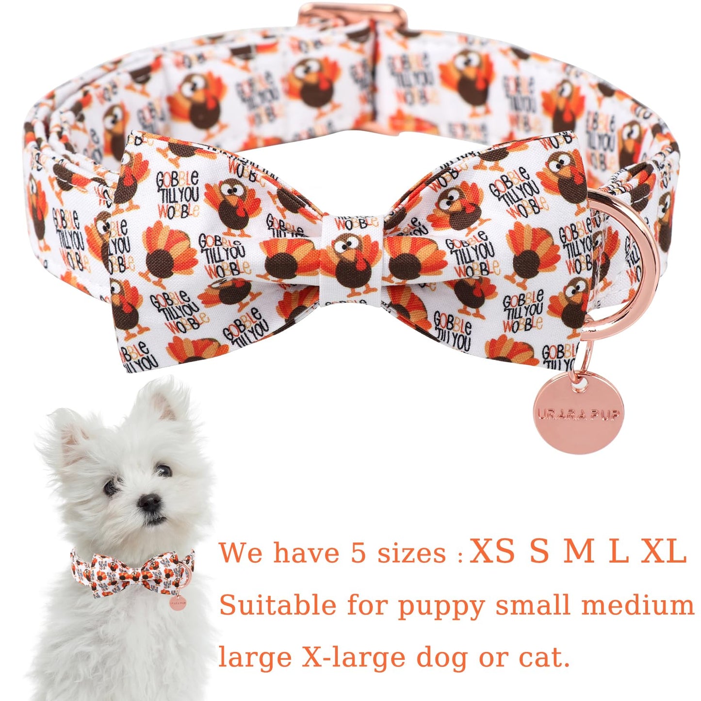 Thanksgiving Dog Collar with Bow Tie, Turkey Cotton Bowtie Collar for Puppy Girl Dog or Cat, Autumn Bow Tie Collar with Durable Metal Buckle, Turkeys Pet Collar, S, Neck 10-16in