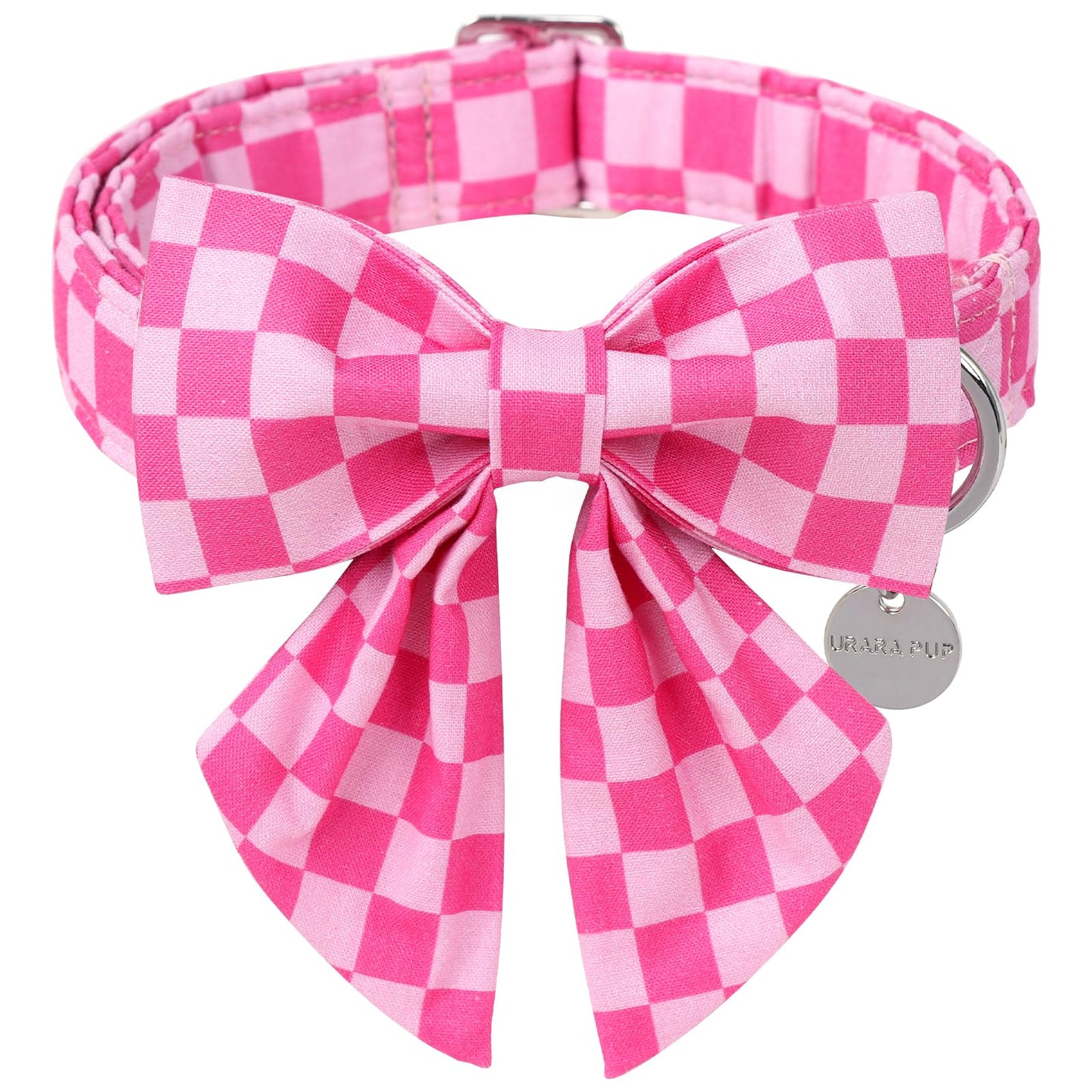 Dog Collar with Bow Tie,UP URARA PUP Pink Plaid Bowtie Dog Collar, Summer Bowtie Collar for Puppy Boy Girl Dog, Comfortable Cotton Dog Collar with Metal Buckle,M,Neck 13.5-22in