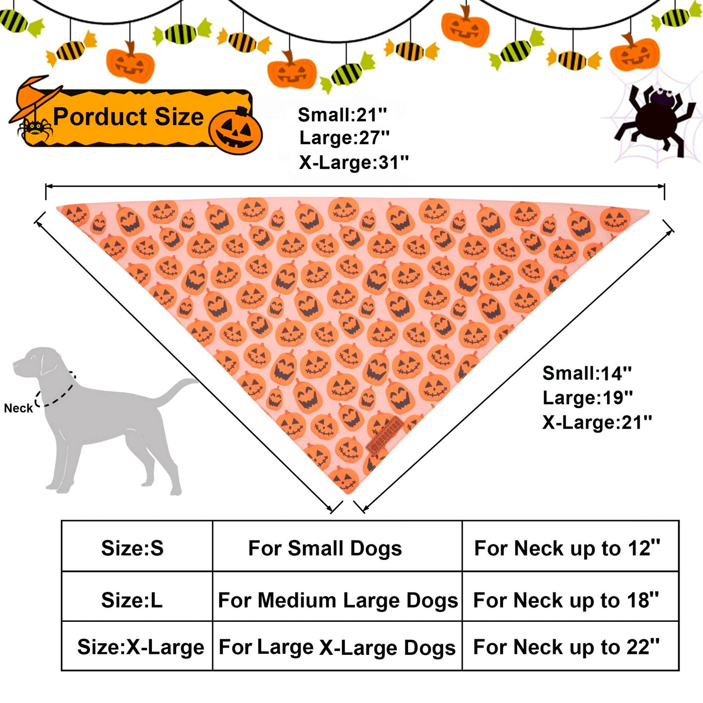 ADOGGYGO Halloween Dog Bandana, Halloween Pumpkin Ghost Dog Scarf, Premium Durable Fabric, Adjustable Fit Female Dog Halloween Bandanas for Medium Large Dogs Pets (Large, Halloween)