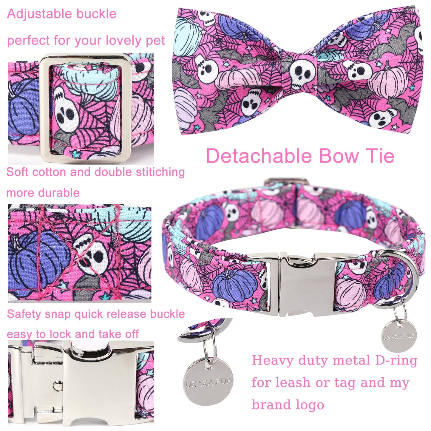 Thanksgiving Dog Collar with Bow Tie, Turkey Cotton Bowtie Collar for Puppy Girl Dog or Cat, Autumn Bow Tie Collar with Durable Metal Buckle, Turkeys Pet Collar, S, Neck 10-16in