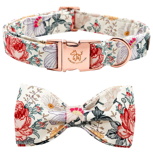 Elegant little tail Vintage Floral Dog Collar with Bow, Comfotable Dog Bowtie, Dog Collar Bow Adjustable Dog Collars for Small Medium Large Dogs