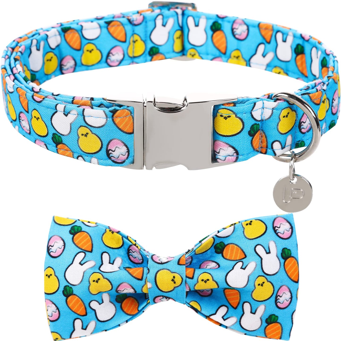 Easter Dog Collar with Bow Tie, Cotton Easter Bowtie Collar for Small Girl Boy Dog, Cute Carrot Pet Collar with Metal Buckle, Easter Day Gift Dog Collar, Blue, S, Neck 10-16in