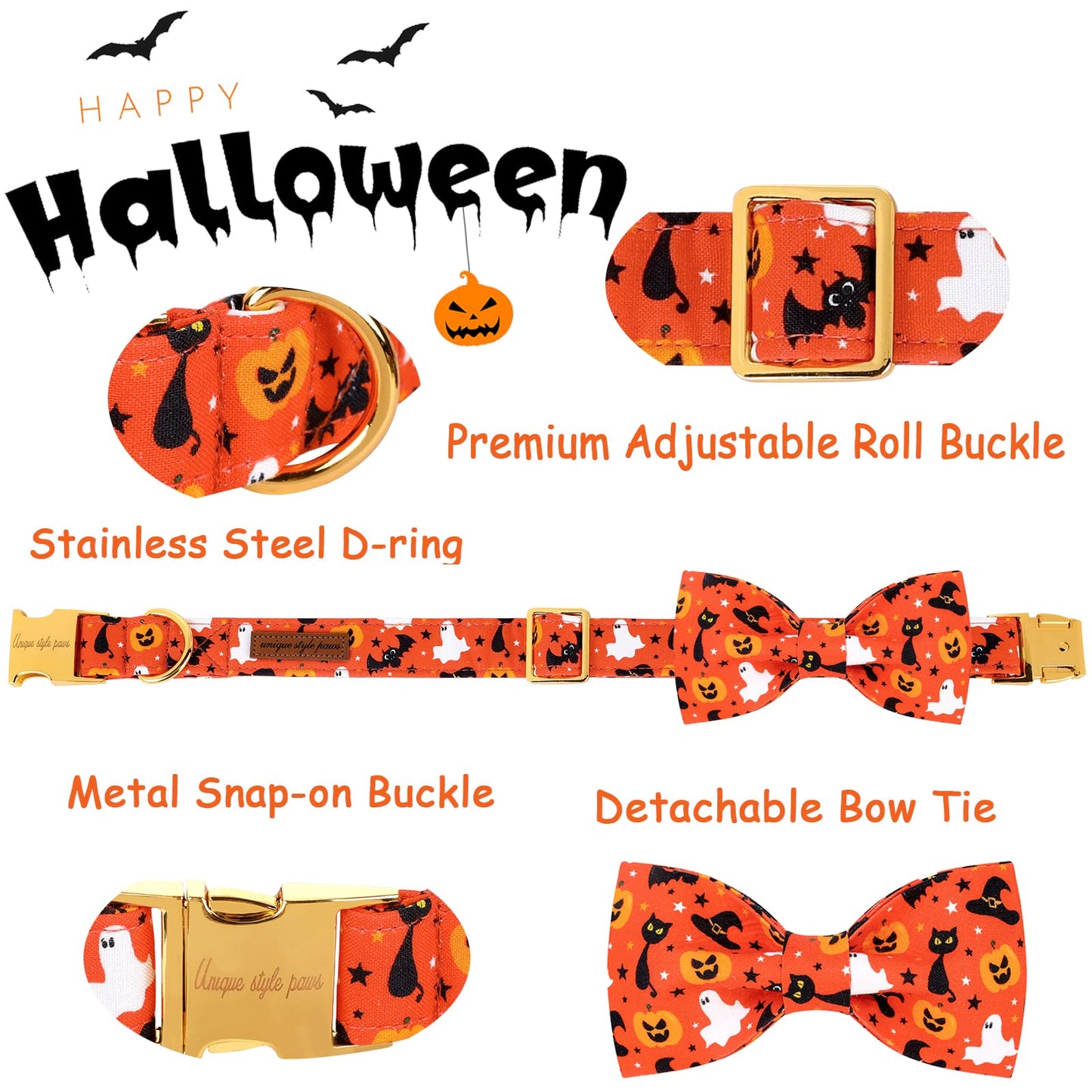 Unique style paws Halloween Dog Collar with Bow Tie Pumpkin Cotton Collar Adjustable Puppy Collar for Small Medium Large Dogs-S