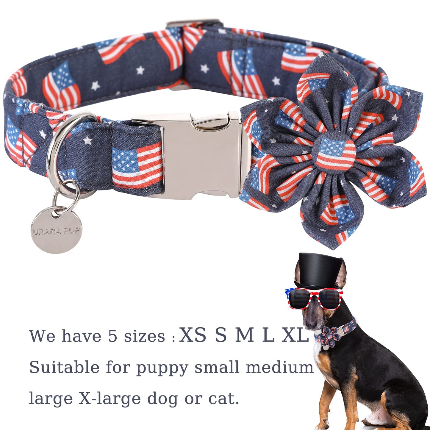 American Flag Dog Collar with Bow Tie, 4th of July Comfortable Cotton Cute Dog Collar with Metal Buckle, Patriotic Bowtie Collar for Puppy Girl Boy Dog, XL, Neck 16-26in