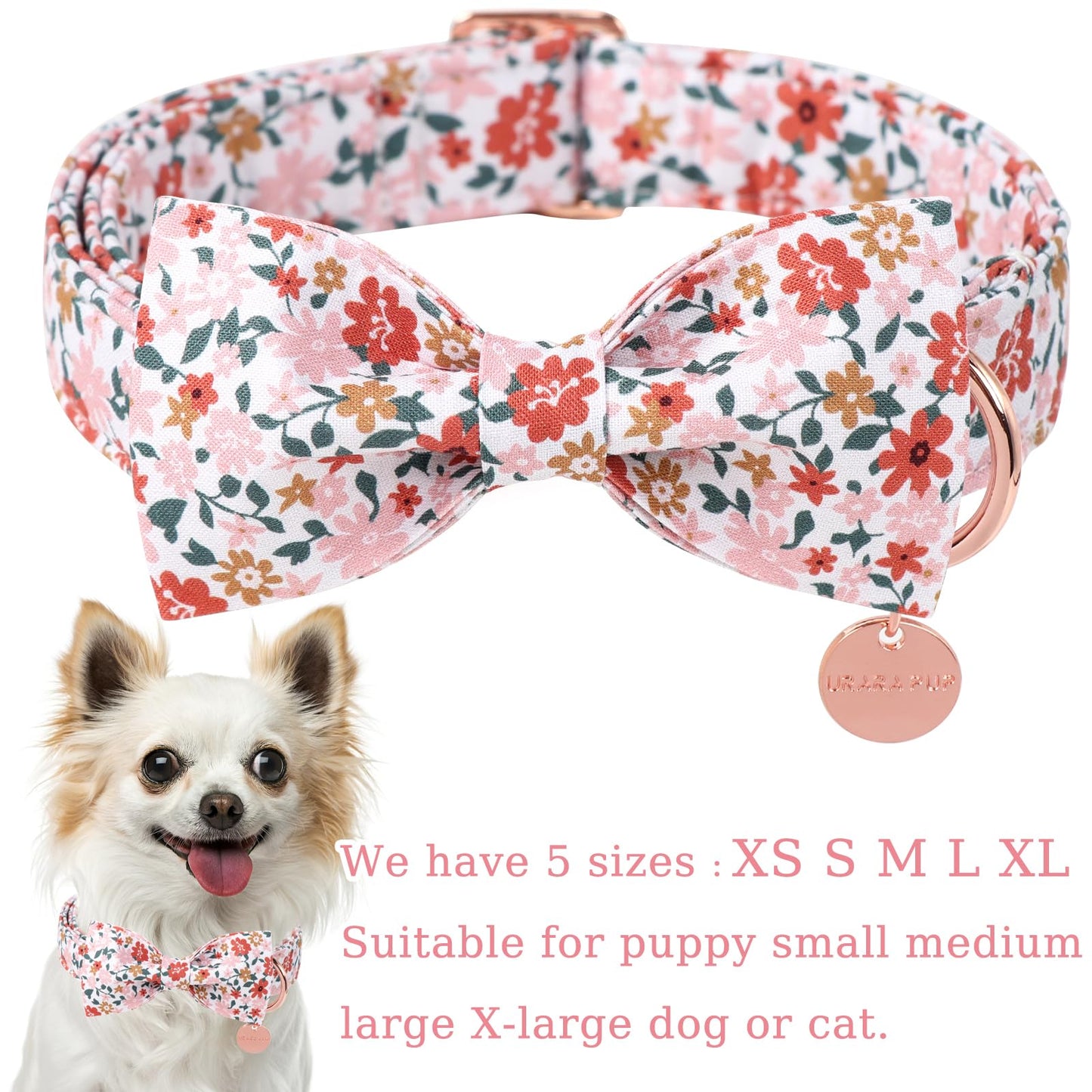 Dog Collar with Bow Tie,UP URARA PUP Pink Plaid Bowtie Dog Collar, Summer Bowtie Collar for Puppy Boy Girl Dog, Comfortable Cotton Dog Collar with Metal Buckle,M,Neck 13.5-22in