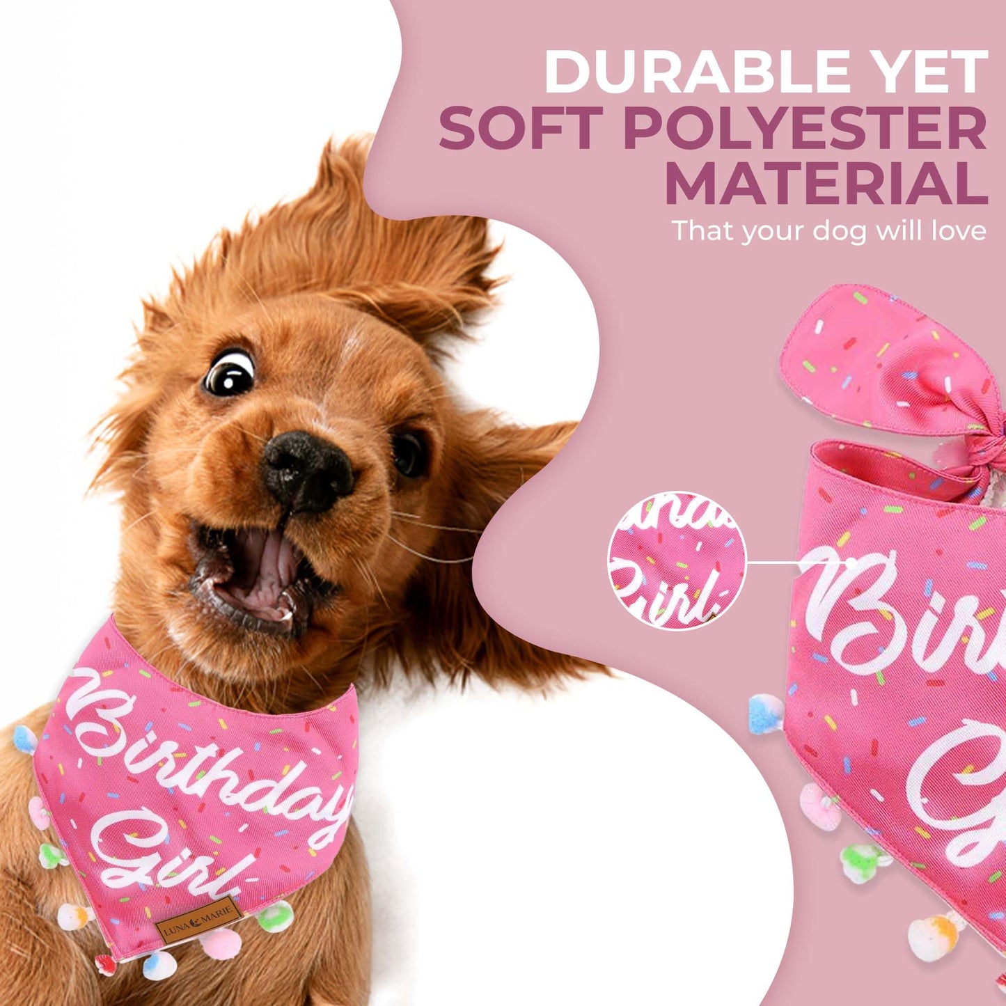 Luxury Pet Birthday Bandanas -Premium & Silky Poly Fabric | 100% Handmade | Custom Shape Dual Layered (Birthday Girl, Medium)