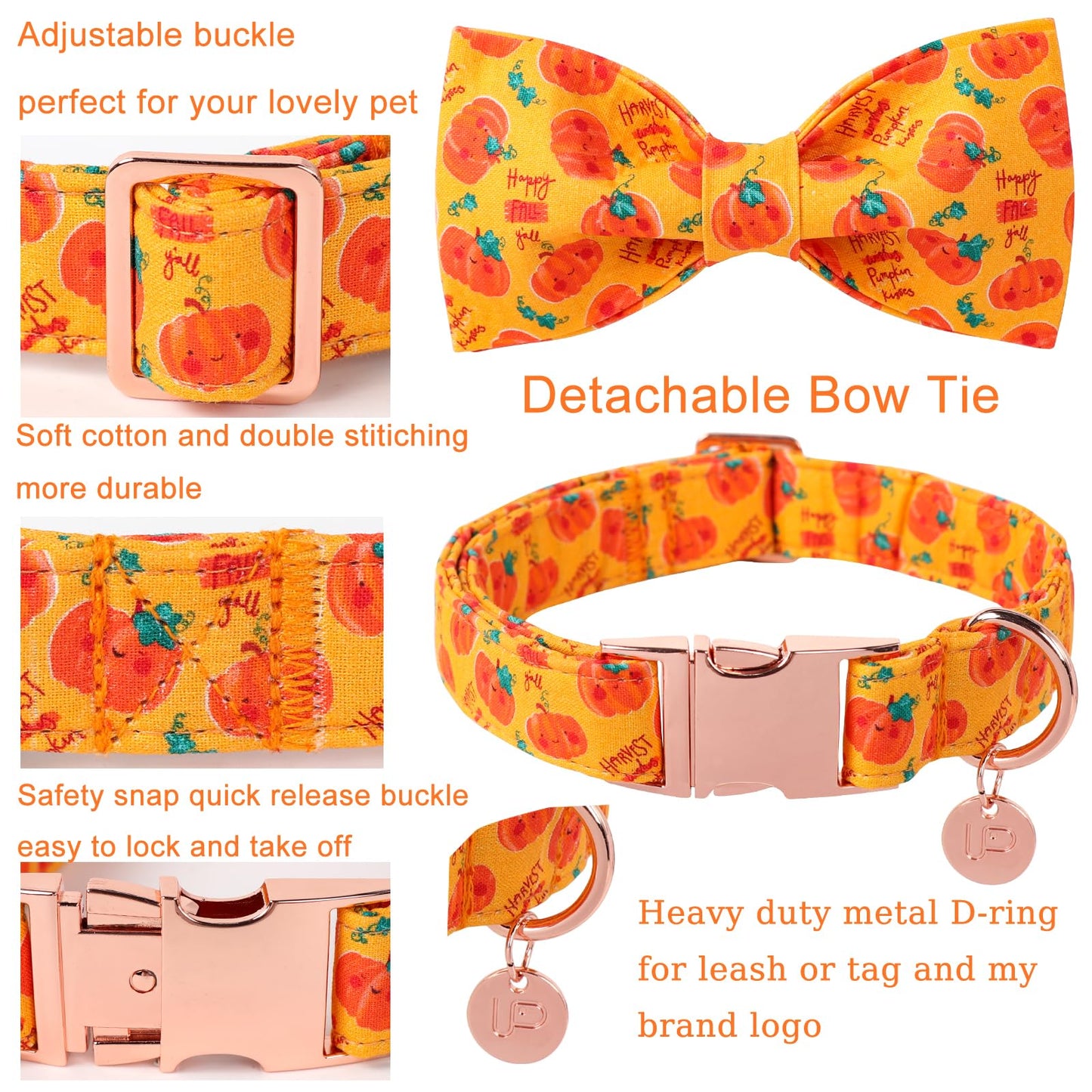 Dog Collar with Bow Tie, Comfortable Adjustable Cotton Bowtie Collar for Medium Girl Boy Dog, Fall Dog Collar with Metal Buckle, M, Neck 13.5-22in