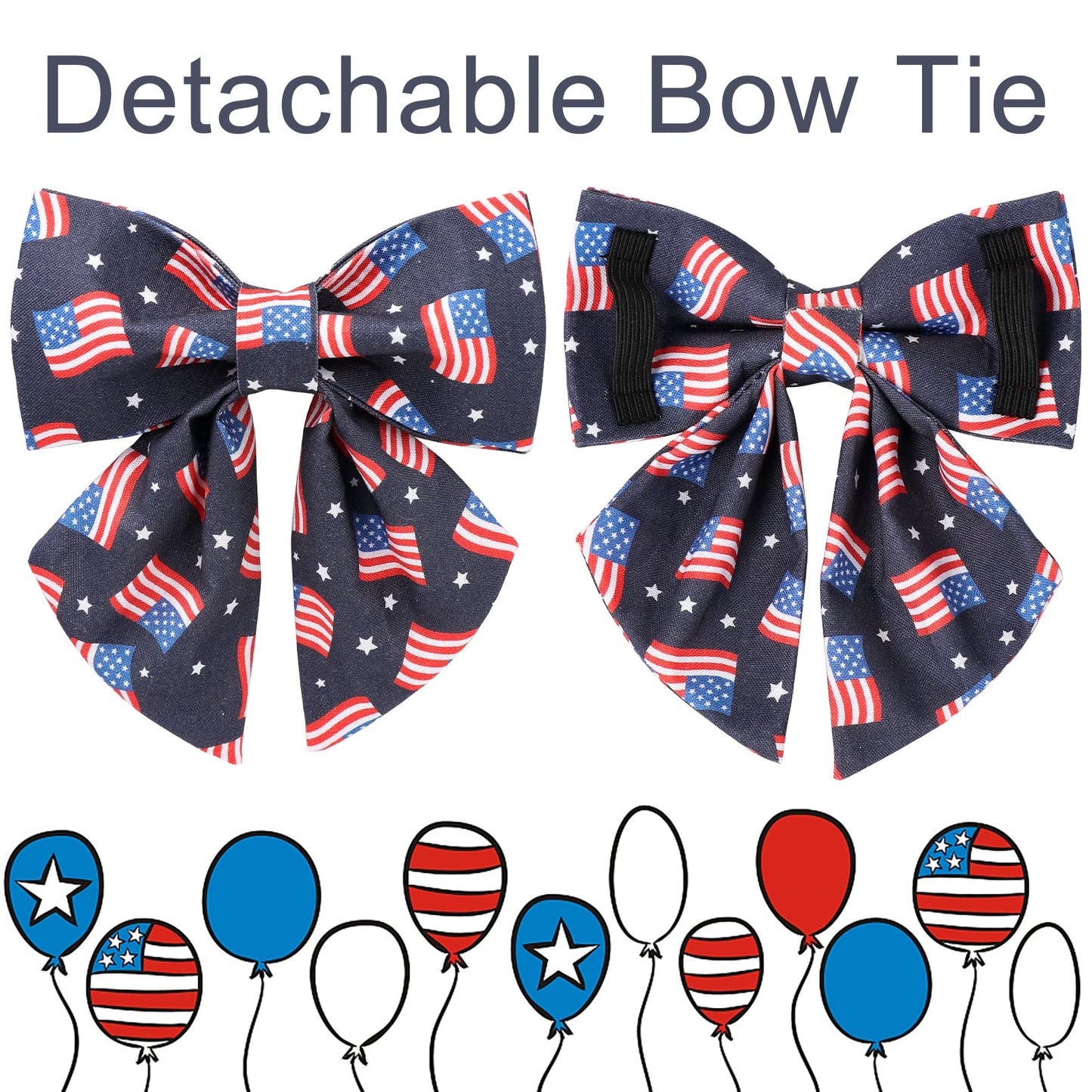 American Flag Dog Collar with Bow Tie, 4th of July Comfortable Cotton Cute Dog Collar with Metal Buckle, Patriotic Bowtie Collar for Puppy Girl Boy Dog, XL, Neck 16-26in