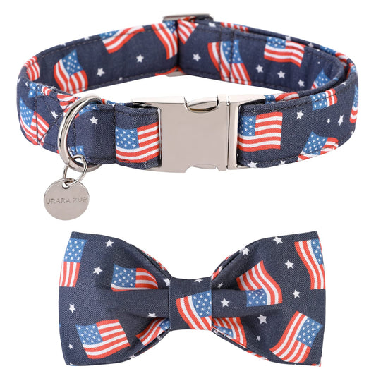 American Flag Dog Collar with Bow Tie, 4th of July Comfortable Cotton Cute Dog Collar with Metal Buckle, Patriotic Bowtie Collar for Puppy Girl Boy Dog, XL, Neck 16-26in