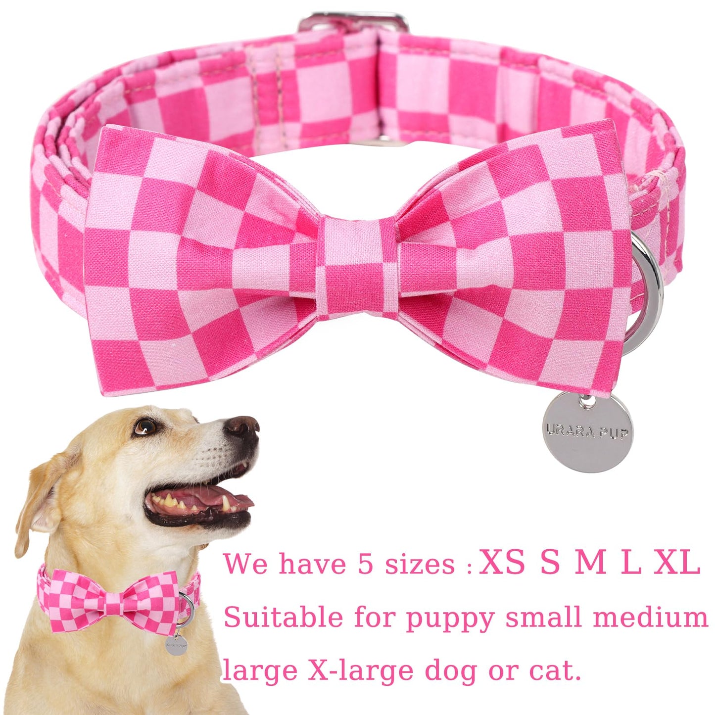 Dog Collar with Bow Tie,UP URARA PUP Pink Plaid Bowtie Dog Collar, Summer Bowtie Collar for Puppy Boy Girl Dog, Comfortable Cotton Dog Collar with Metal Buckle,M,Neck 13.5-22in