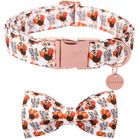 Thanksgiving Dog Collar with Bow Tie, Turkey Cotton Bowtie Collar for Puppy Girl Dog or Cat, Autumn Bow Tie Collar with Durable Metal Buckle, Turkeys Pet Collar, S, Neck 10-16in