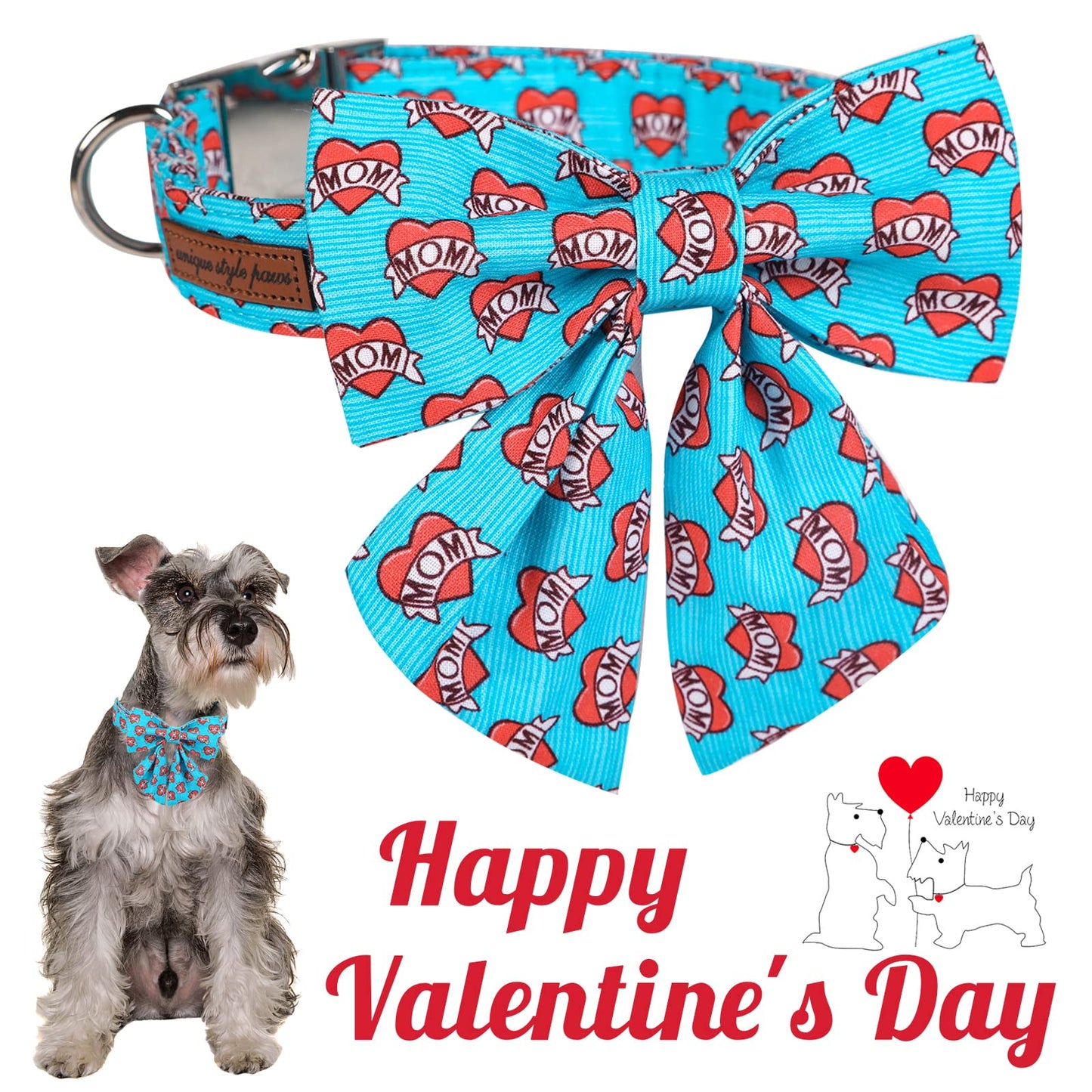 Unique style paws Valentine's Day Dog Collar with Bow Tie Black & Red Heart Puppy Collar Best Gothic Style Gift for Small Medium Large Boys Girls-M