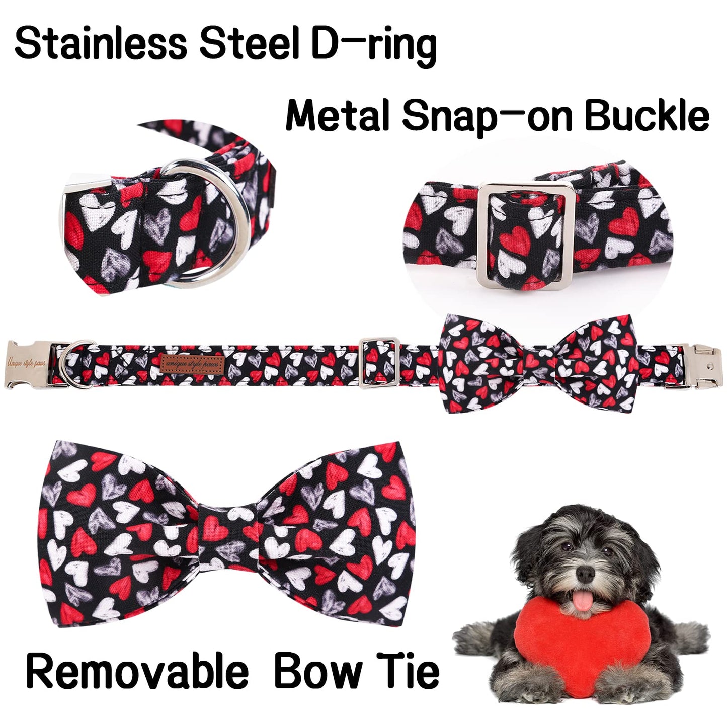 Unique style paws Valentine's Day Dog Collar with Bow Tie Black & Red Heart Puppy Collar Best Gothic Style Gift for Small Medium Large Boys Girls-M