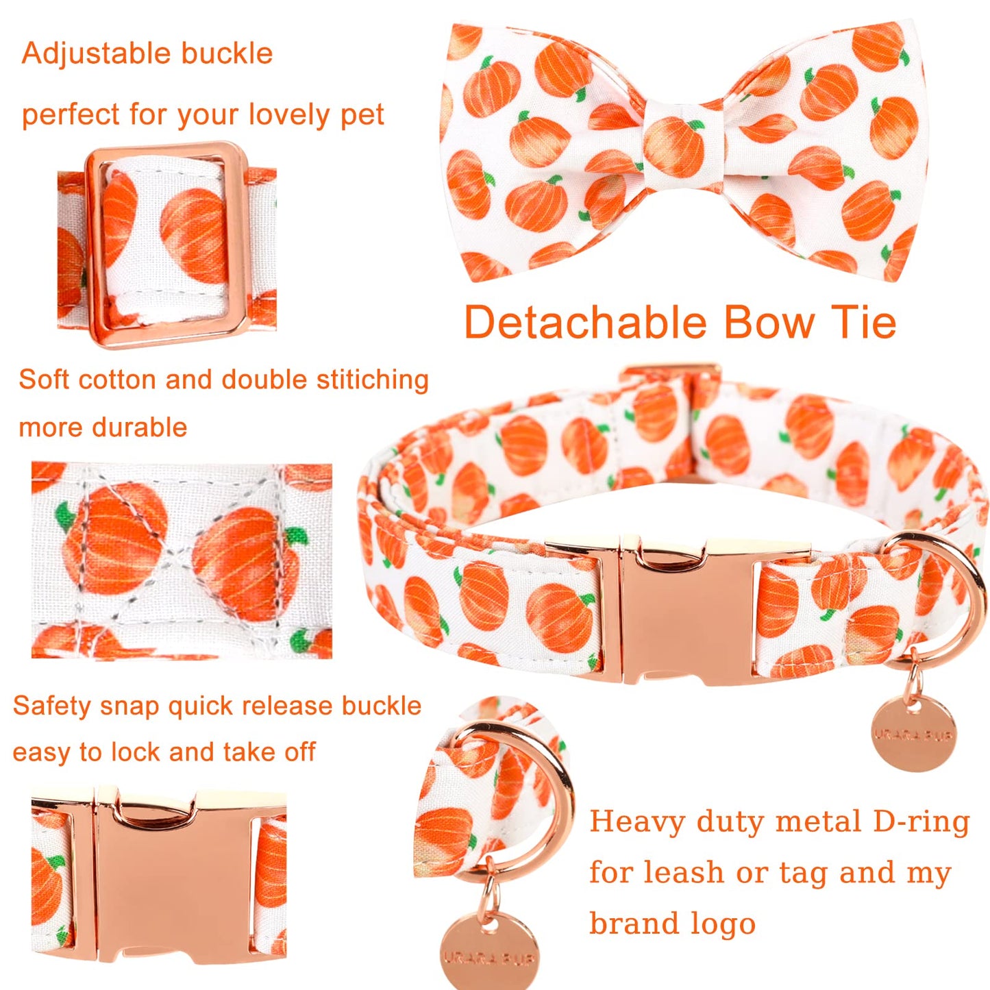 Dog Collar with Bow Tie, Comfortable Adjustable Cotton Bowtie Collar for Medium Girl Boy Dog, Fall Dog Collar with Metal Buckle, M, Neck 13.5-22in