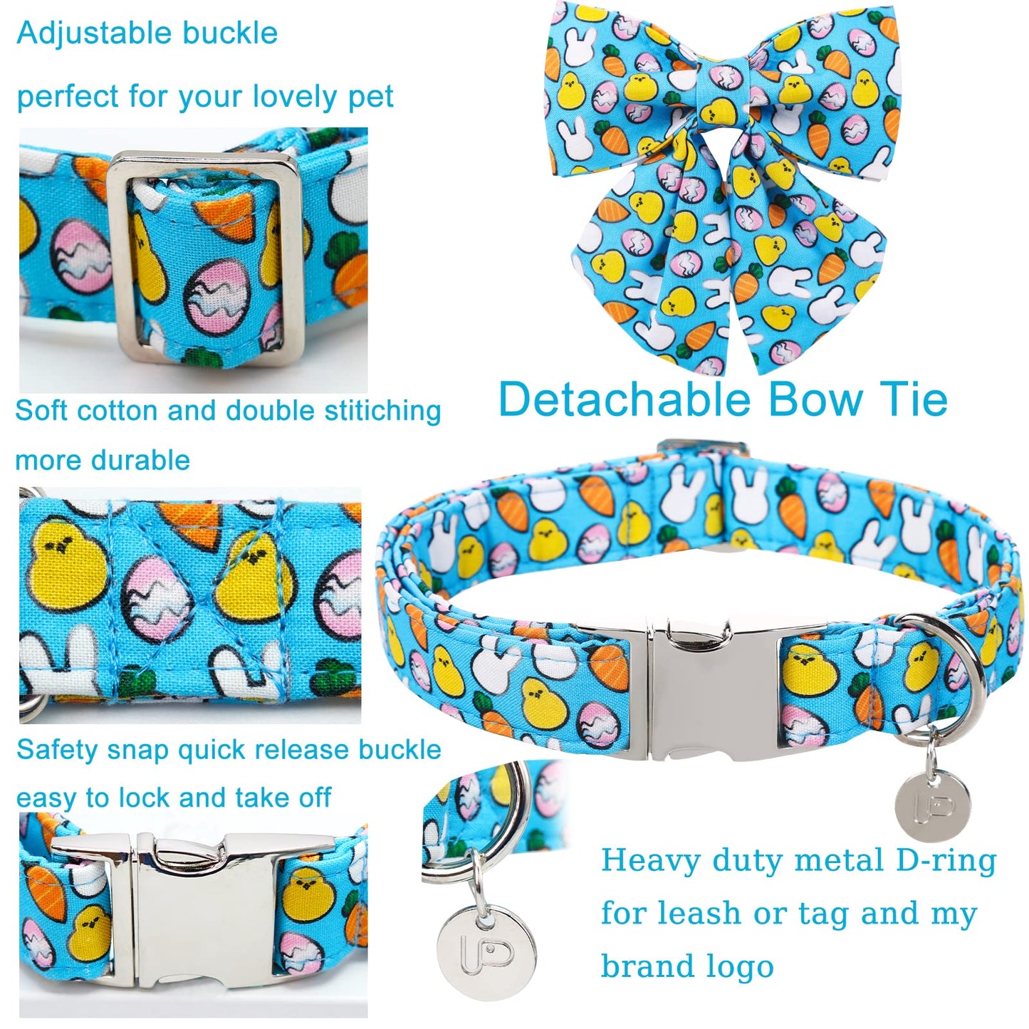 Easter Dog Collar with Bow Tie, Cotton Easter Bowtie Collar for Small Girl Boy Dog, Cute Carrot Pet Collar with Metal Buckle, Easter Day Gift Dog Collar, Blue, S, Neck 10-16in