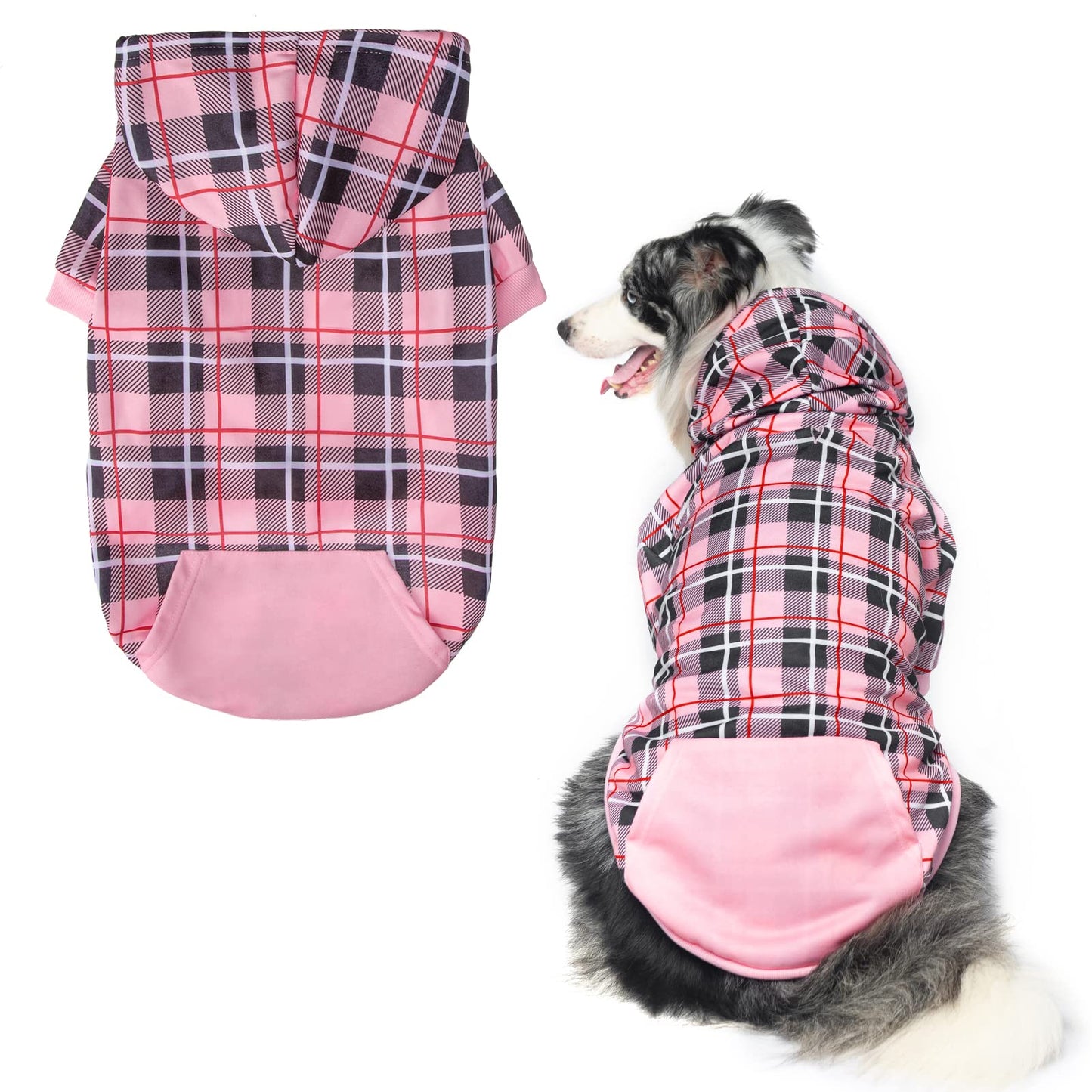 EXPAWLORER Plaid Dog Hoodie - British Style Soft and Warm Dog Sweater with Leash Hole, Hooded Cold Weather Clothes, Dog Sweatshirt, Outfits, Winter Coat for Small Medium Large Dogs