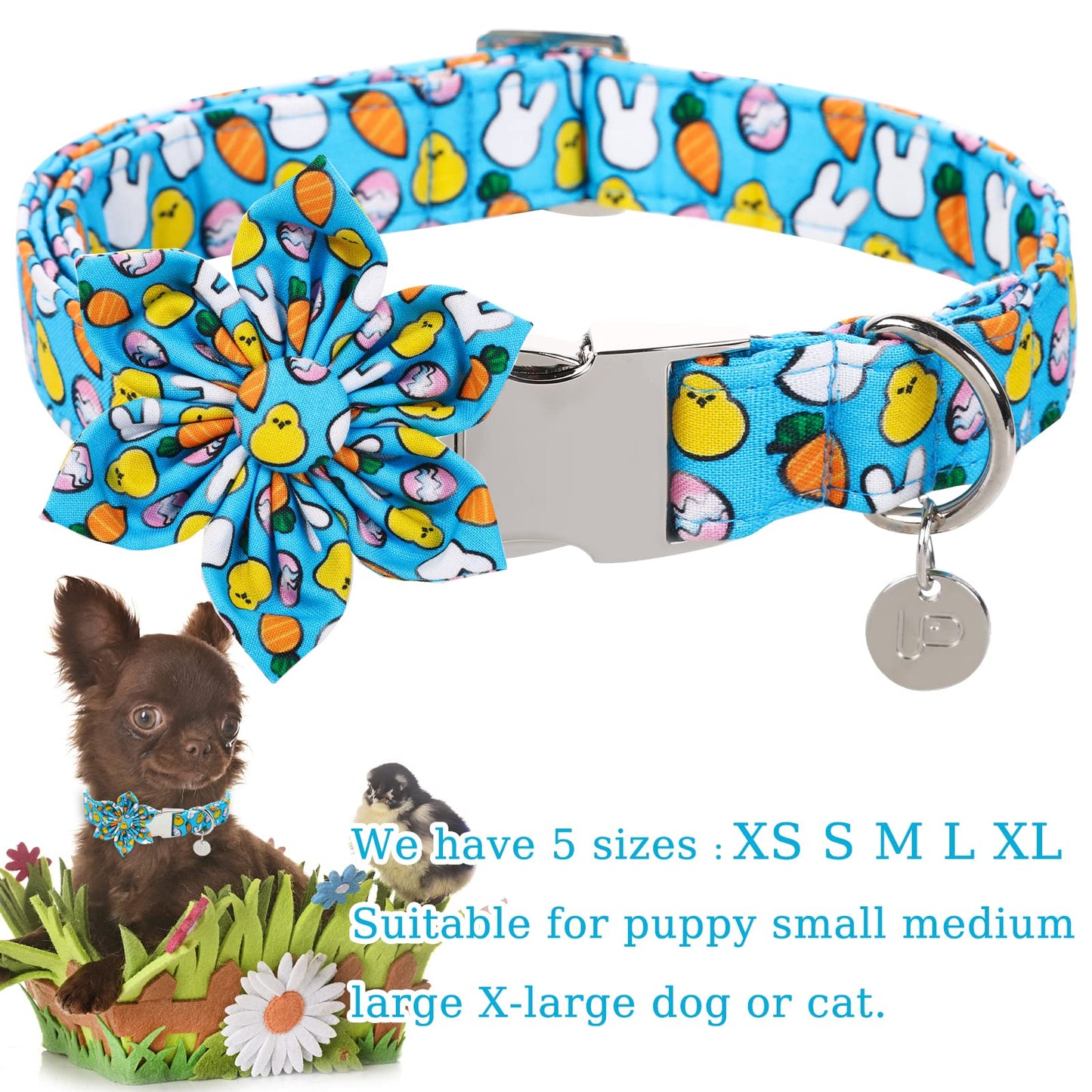 Easter Dog Collar with Bow Tie, Cotton Easter Bowtie Collar for Small Girl Boy Dog, Cute Carrot Pet Collar with Metal Buckle, Easter Day Gift Dog Collar, Blue, S, Neck 10-16in