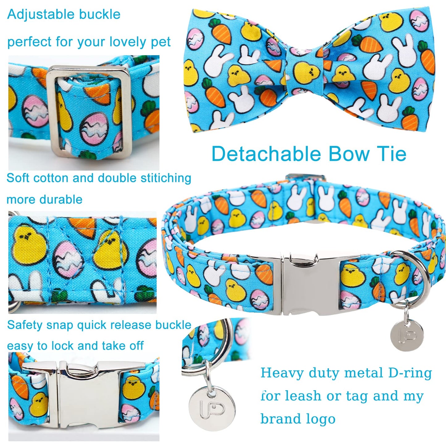 Easter Dog Collar with Bow Tie, Cotton Easter Bowtie Collar for Small Girl Boy Dog, Cute Carrot Pet Collar with Metal Buckle, Easter Day Gift Dog Collar, Blue, S, Neck 10-16in