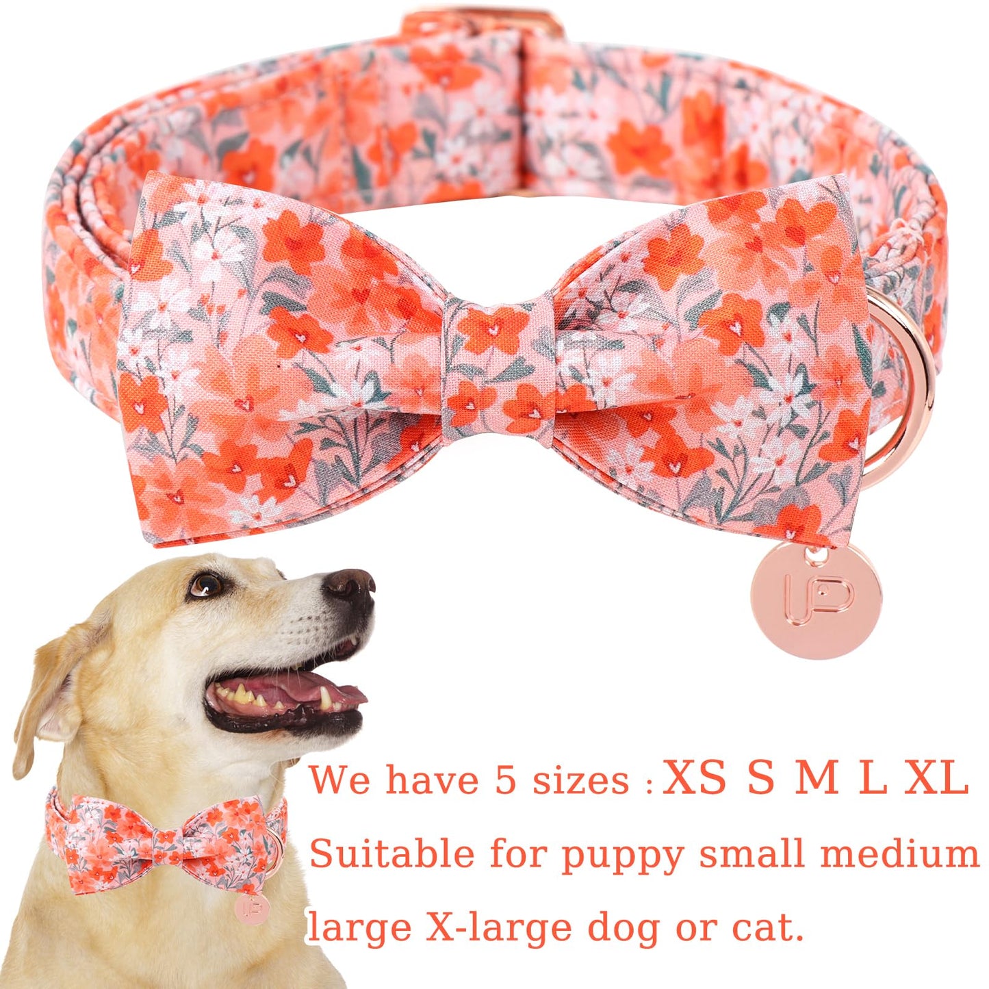 Dog Collar with Bow Tie,UP URARA PUP Pink Plaid Bowtie Dog Collar, Summer Bowtie Collar for Puppy Boy Girl Dog, Comfortable Cotton Dog Collar with Metal Buckle,M,Neck 13.5-22in