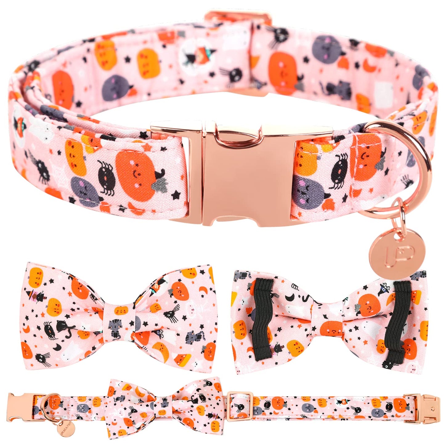 Dog Collar with Bow Tie, Comfortable Adjustable Cotton Bowtie Collar for Medium Girl Boy Dog, Fall Dog Collar with Metal Buckle, M, Neck 13.5-22in