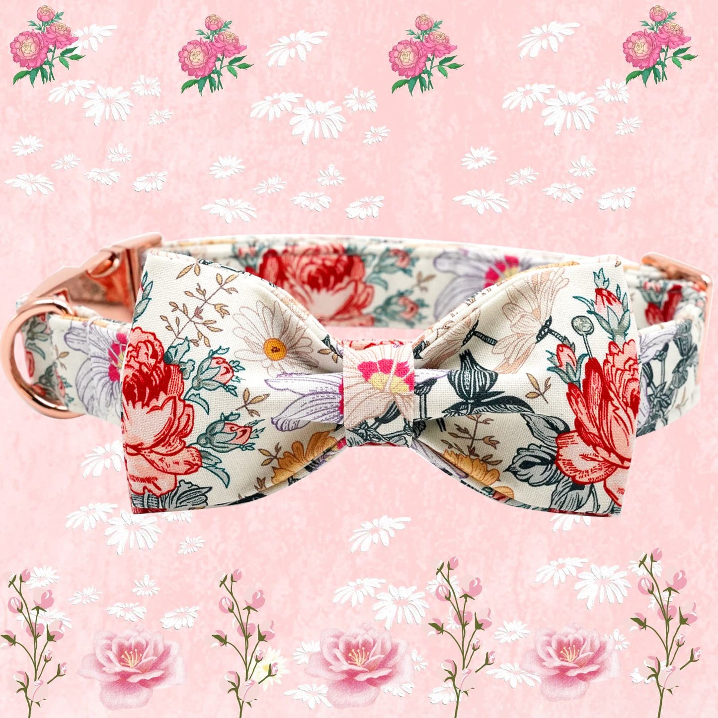 Elegant little tail Vintage Floral Dog Collar with Bow, Comfotable Dog Bowtie, Dog Collar Bow Adjustable Dog Collars for Small Medium Large Dogs