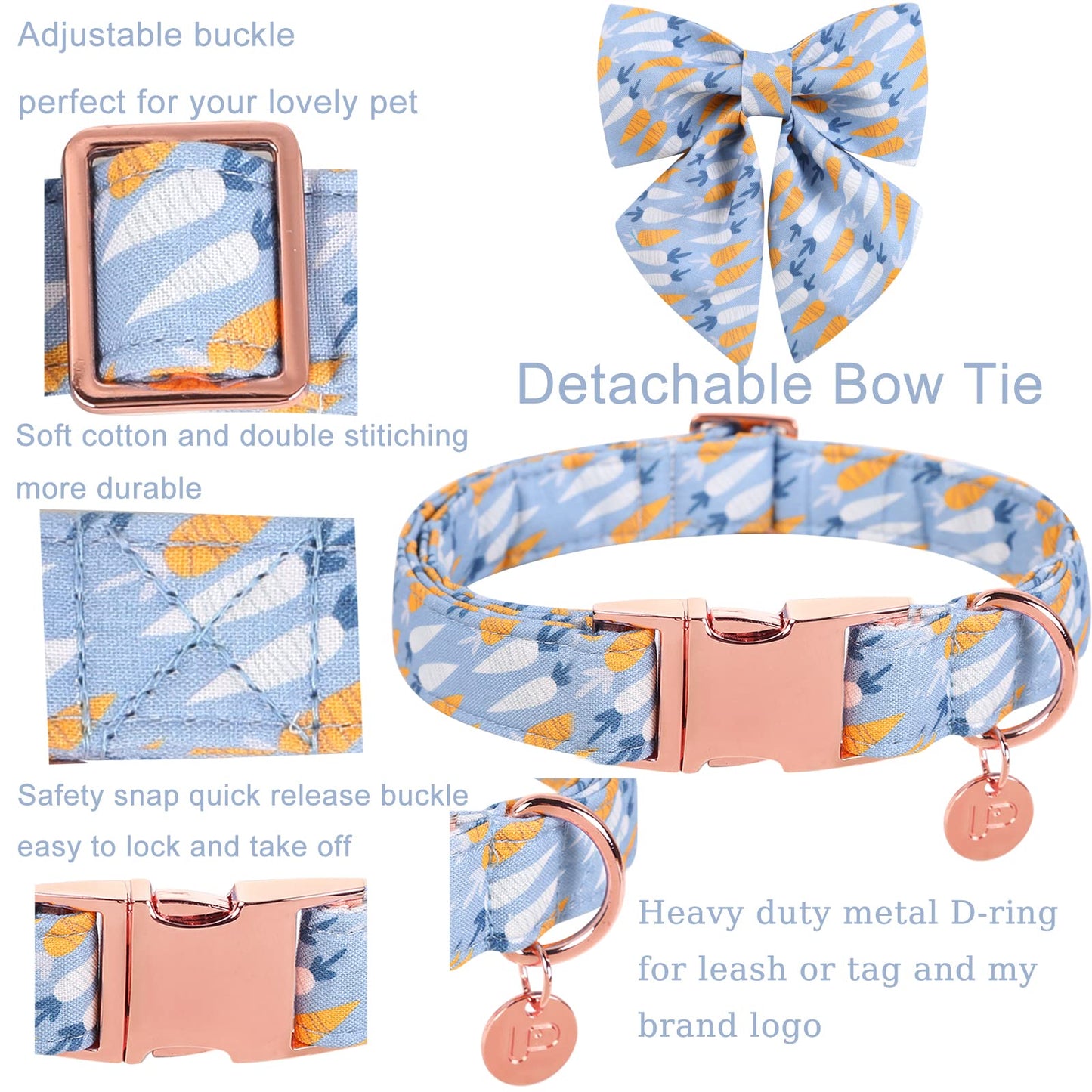 Easter Dog Collar with Bow Tie, Cotton Easter Bowtie Collar for Small Girl Boy Dog, Cute Carrot Pet Collar with Metal Buckle, Easter Day Gift Dog Collar, Blue, S, Neck 10-16in